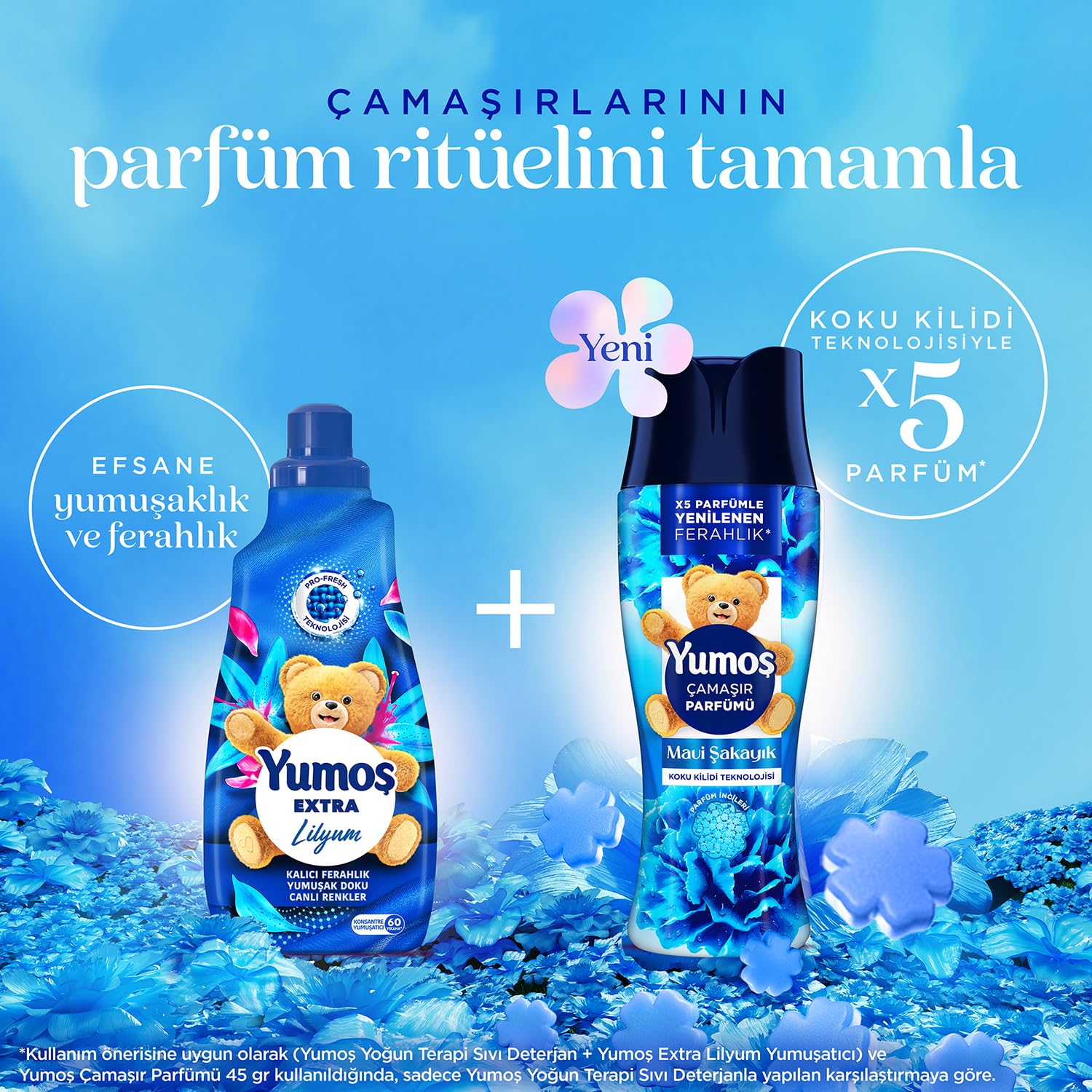 Yumoş Çamaşır Parfümü Mavi Şakayık 200 g + Yumoş Extra Çamaşır Yumuşatıcısı Lilyum 1440 ml