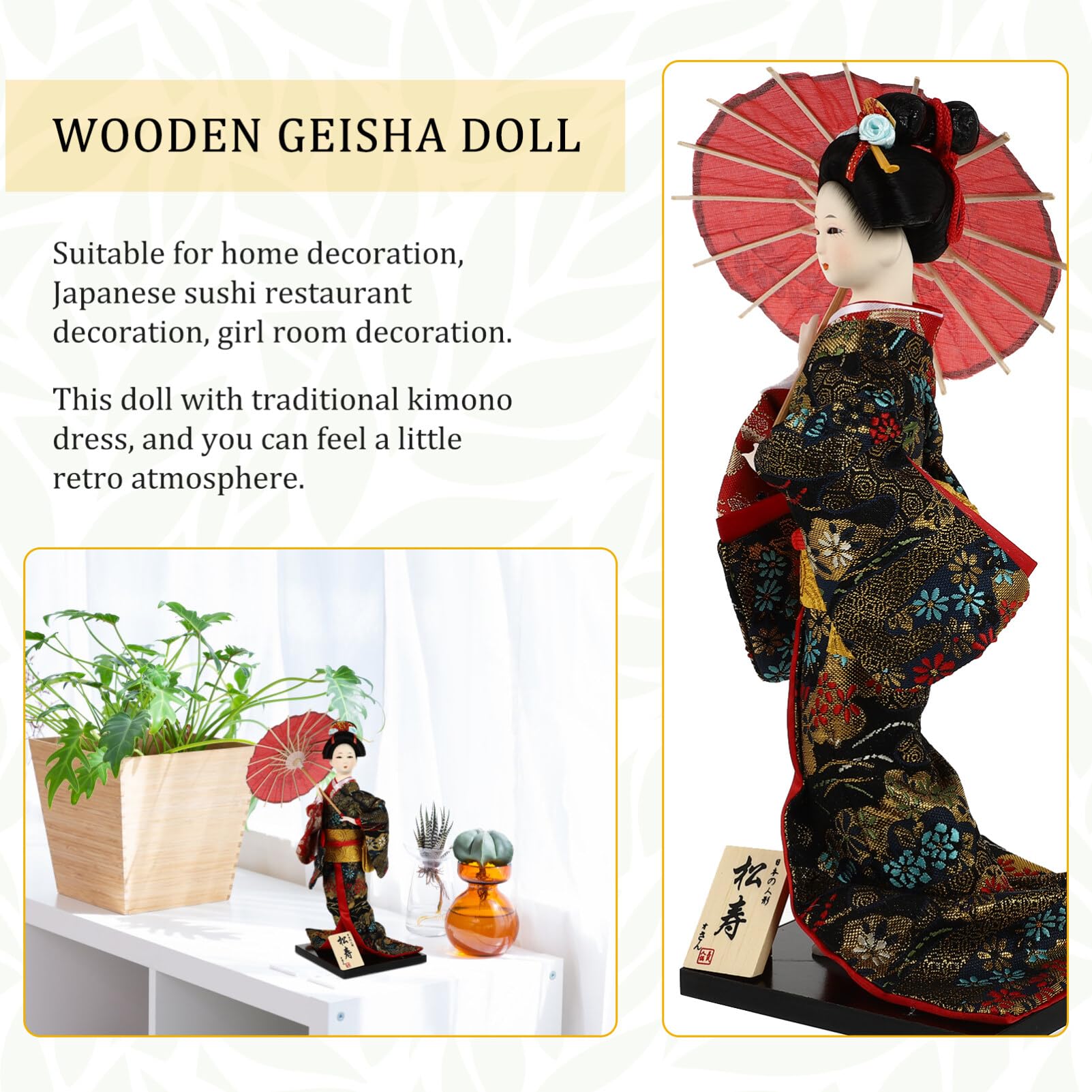 Bambola Geisha Giapponese in Legno Artigianale 12.20x4.72x4.72In Decorazione Desktop Kimono Figurina da Collezione