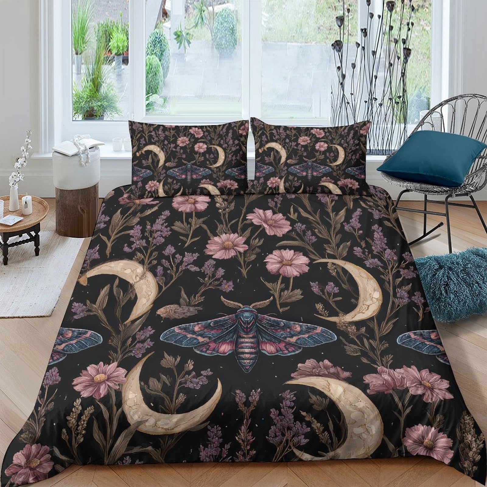 TUFRTGYHN 3D Printed Moon Moth Duvet Cover Set Microfiber Soft Floral Night Bedding Set with 2 Pillowcases for Bedroom Decor Single（135x200cm）