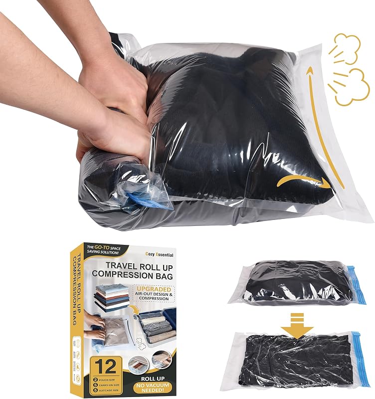 Cozy Essential Compression Bags for Travel - Travel Essentials - 12 Pack Space Saver Plastic Packaging Bags - No Vacuum Needed - Compression Packing Bags for Cruise Accessories