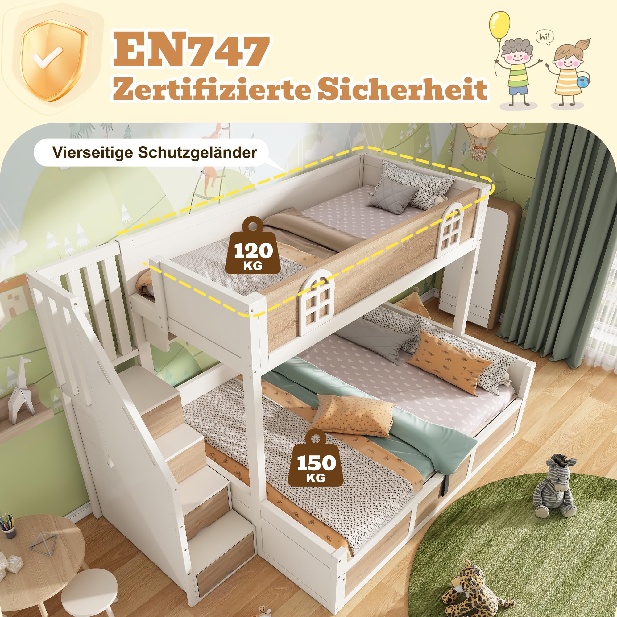 Litera infantil de 90/140 x 200 cm con armario para escaleras, litera inferior con cajón, rejilla de seguridad y somier, efecto cabaña, ahorra espacio para varios niños, color blanco +