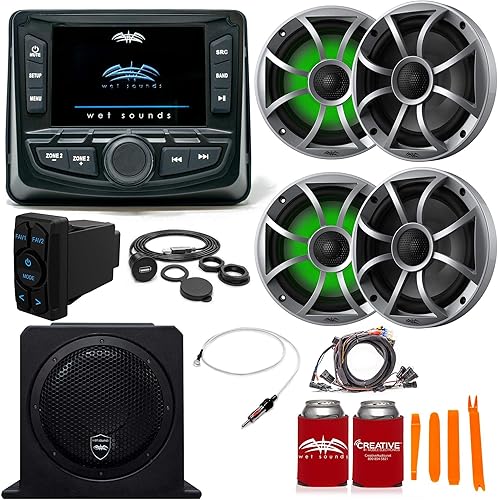 Wet Sounds Ultimate Golf Cart Audio Bundle, Radio, 4-RGB Silver Grill 6.5" Altavoces, 10" Powered Sub, Kit de cableado