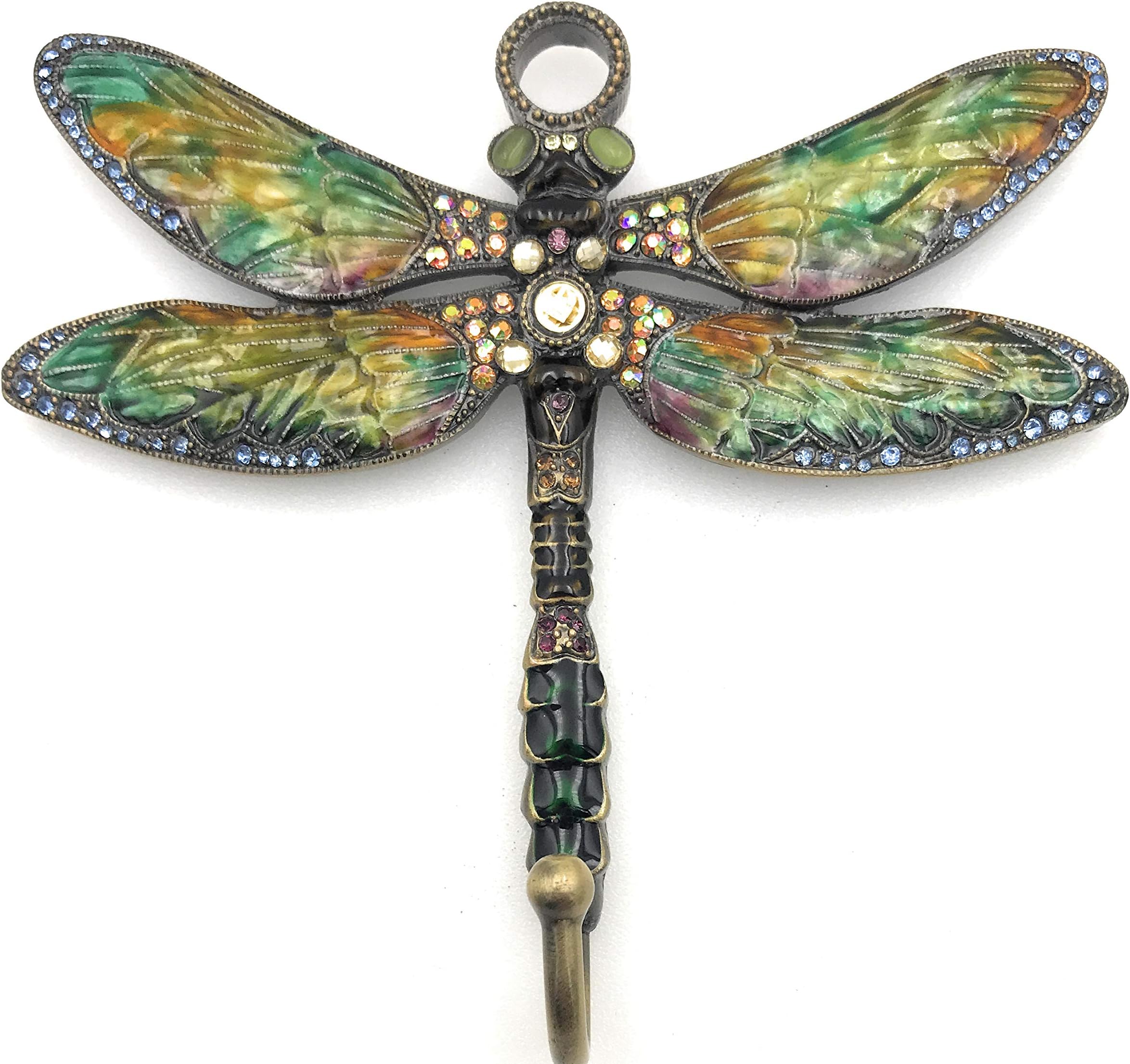 Kubla Crafts Enameled Pewter Dragonfly Wall Hook, Purple & Green, with Austrian Crystals, 5 Inches Wide
