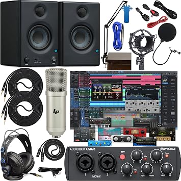 Presonus AudioBox 96 Studio Audio Interface with Creative Software Kit and Studio Bundle and Eris E3.5 Pair Studio Monitors and Adjustable Boom Arm Kit + HD7 Headphones