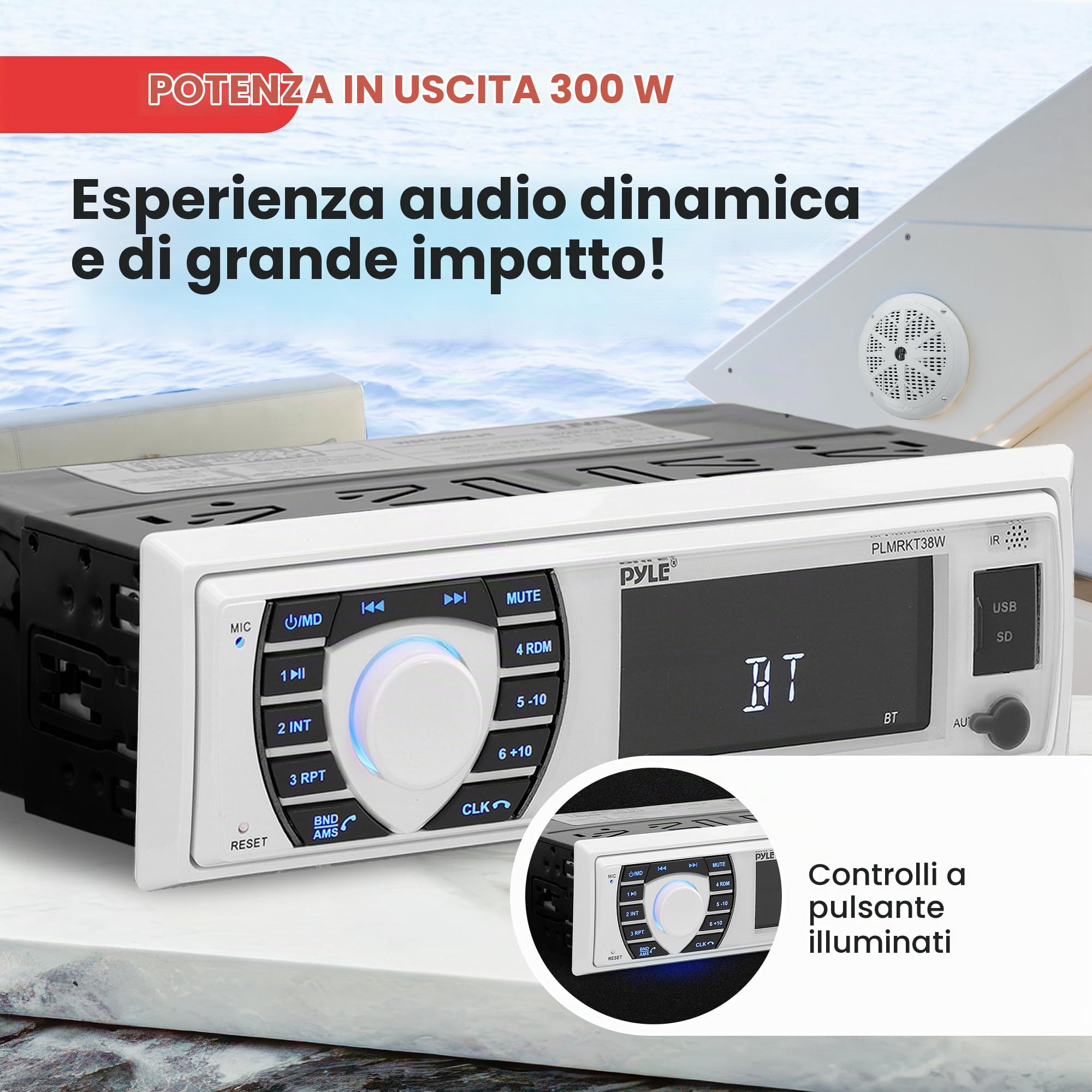 Pyle Autoradio Bluetooth Marina 12V Single DIN Per Yacht e Barca, Sistema Stereo con 4 Altoparlanti, Casse Audio Impermeabili, Microfono, Telecomando, Accessori Barca, Speaker, Bianco