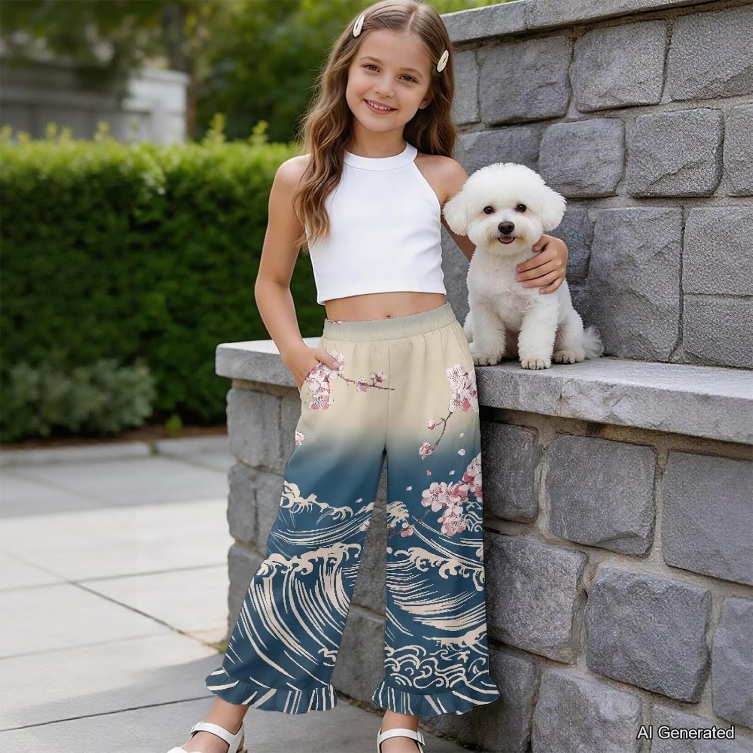 Wanyint Girls Wide Leg Pants with Ruffle Hem, Full Length Jogger Pants Loose Fit Trousers Cute Kids Clothes for 5-14 Y