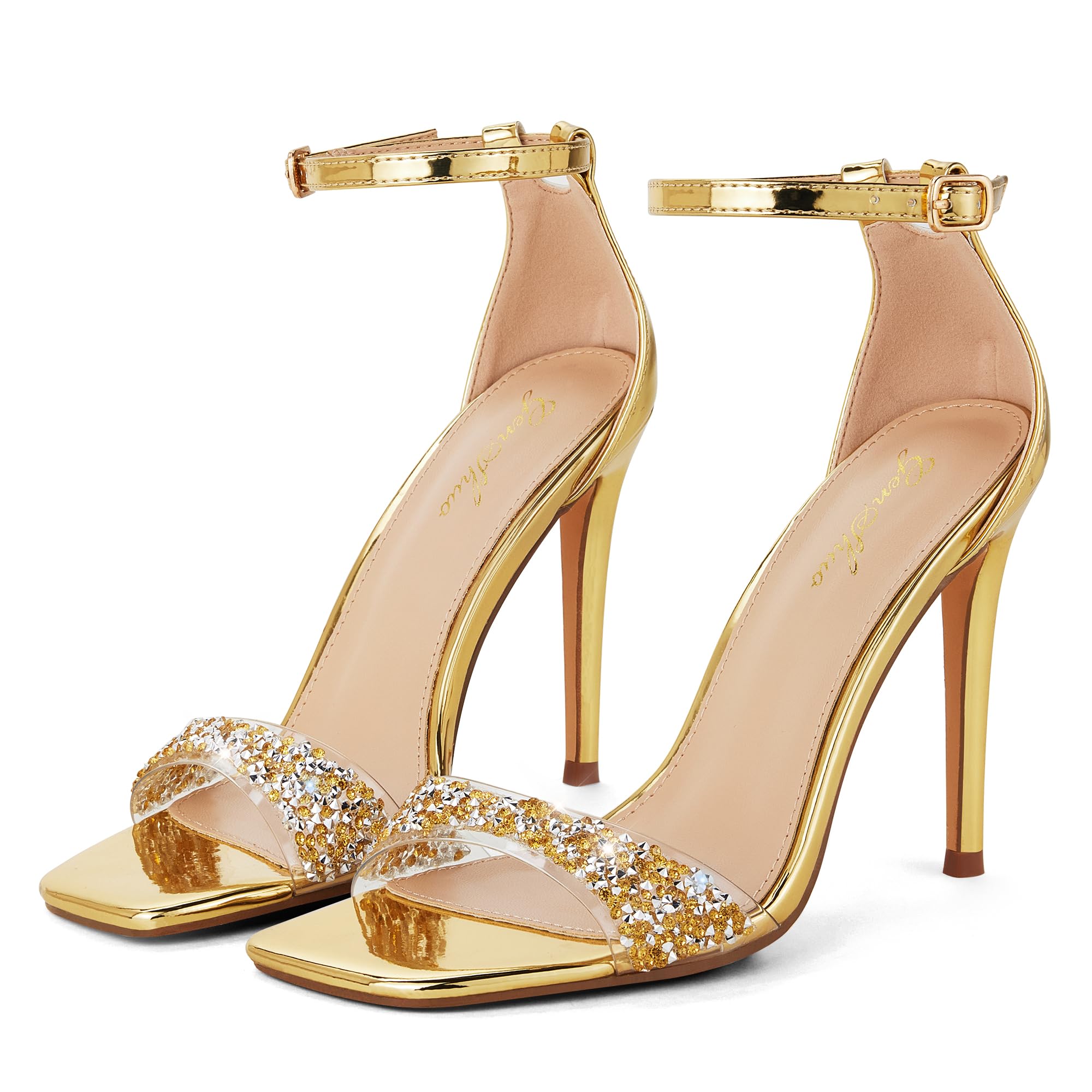 GENSHUO High Heeled Sandals for Women One Strap Heels with Square Open Toe 4 Inch Stiletto Ankle Strap Shoes Elegant Sexy Dress Wedding Party