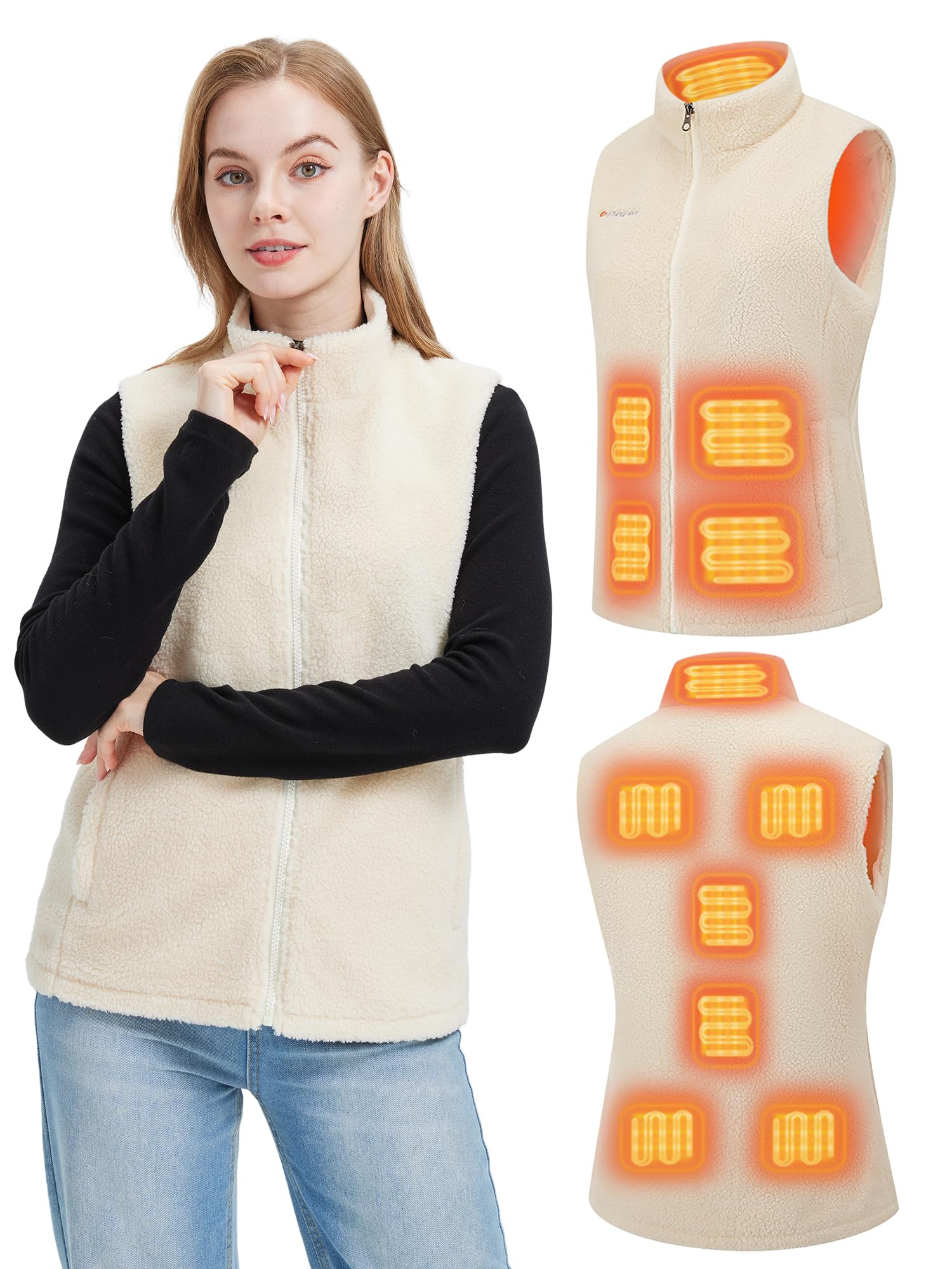 Gokozy Gilet Chauffant Électrique avec 7.4V Batterie ，Fleece Sherpa gilet chauffant femme 11 zones veste chauffante pour les Sports de Plein Air