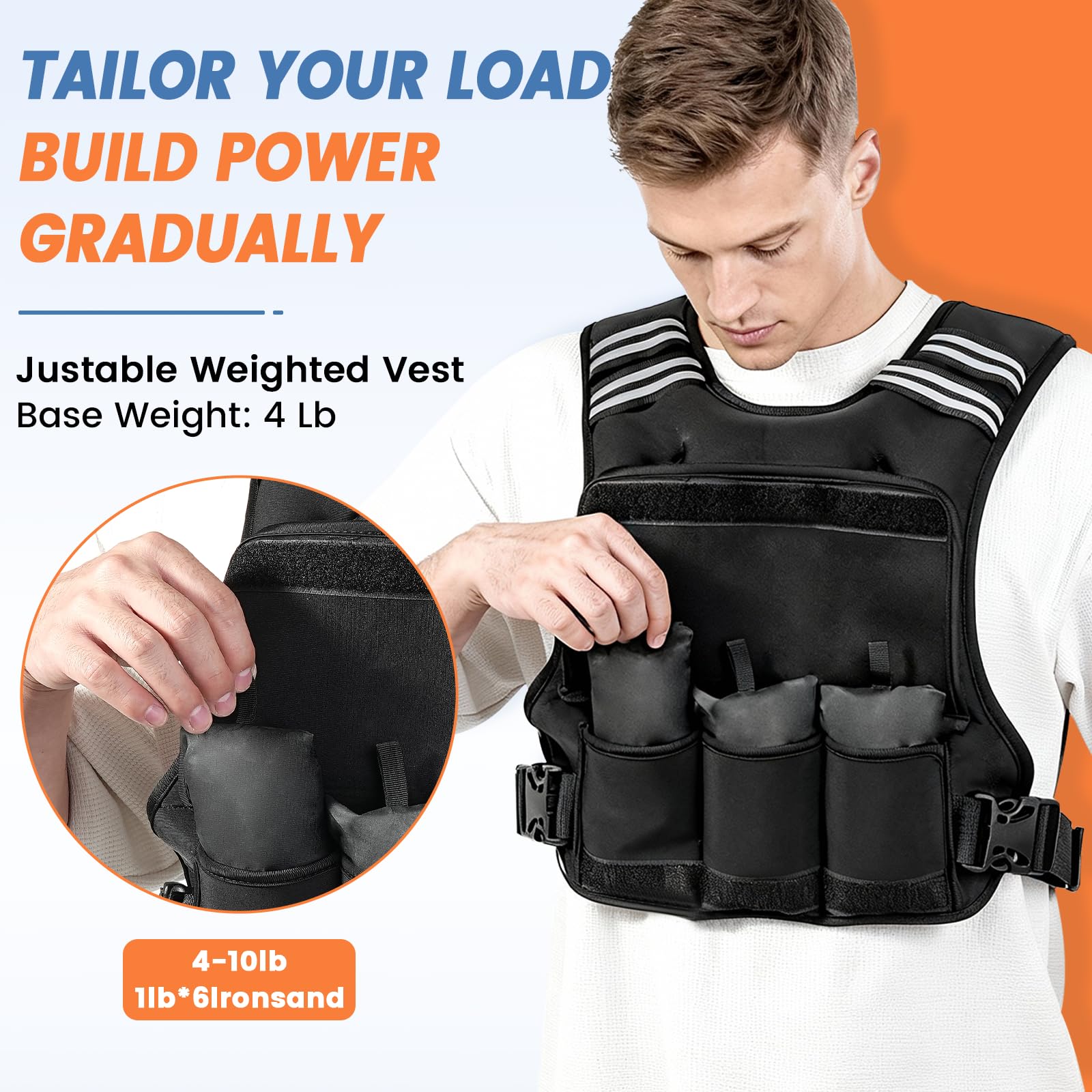 FUFF Chaleco con peso ajustable para adultos, 4-10 libras, 12-20 libras, chaleco con 6 pesos de arena de hierro para entrenamiento de fuerza, chaleco de peso grande con tira reflectante para hombres y