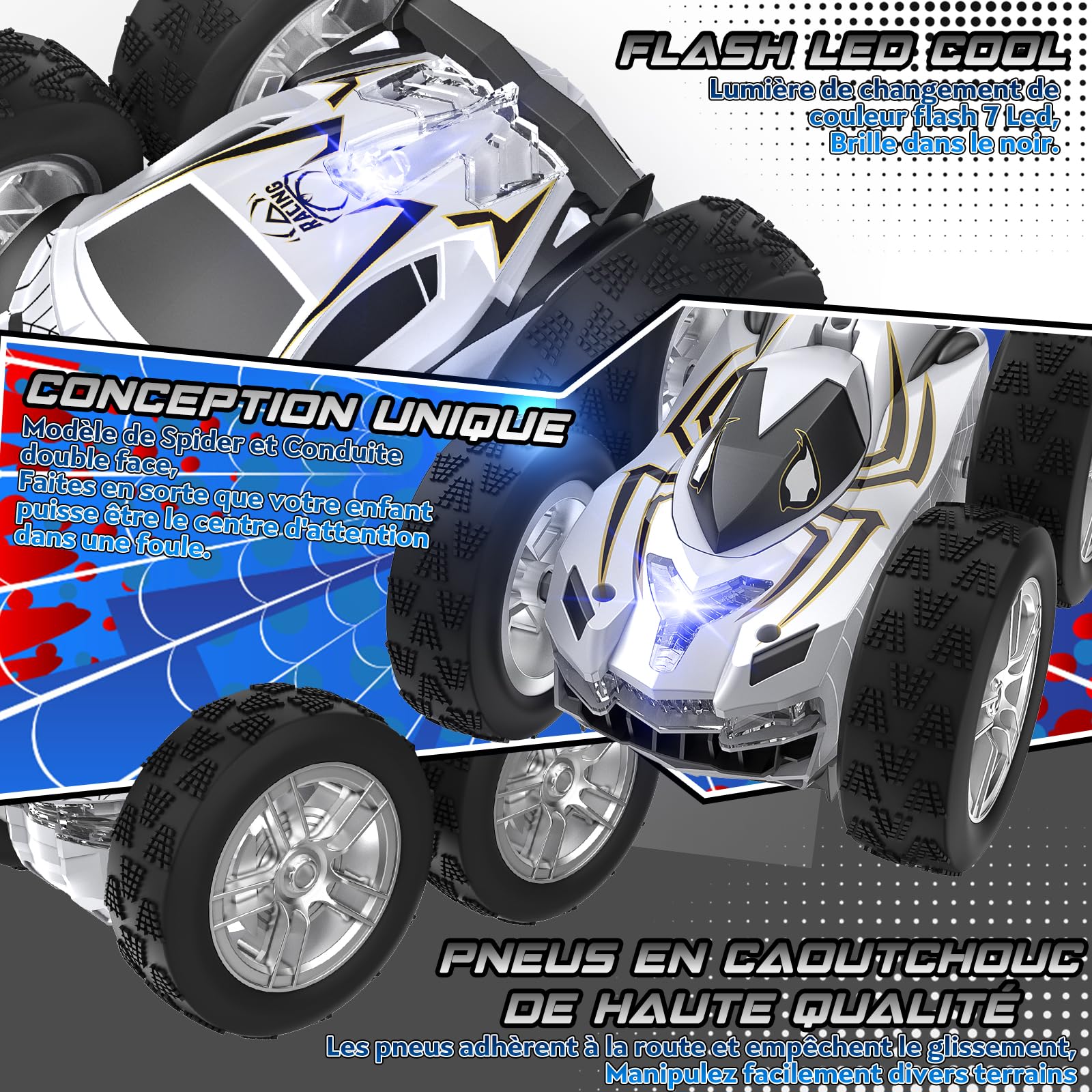 Voiture Télécommandée Spider Cascade 360° Kssvzz – RC Offroad Avec LED, 2.4GHz, 2 Batteries, Cadeau Enfant 3-12 Ans