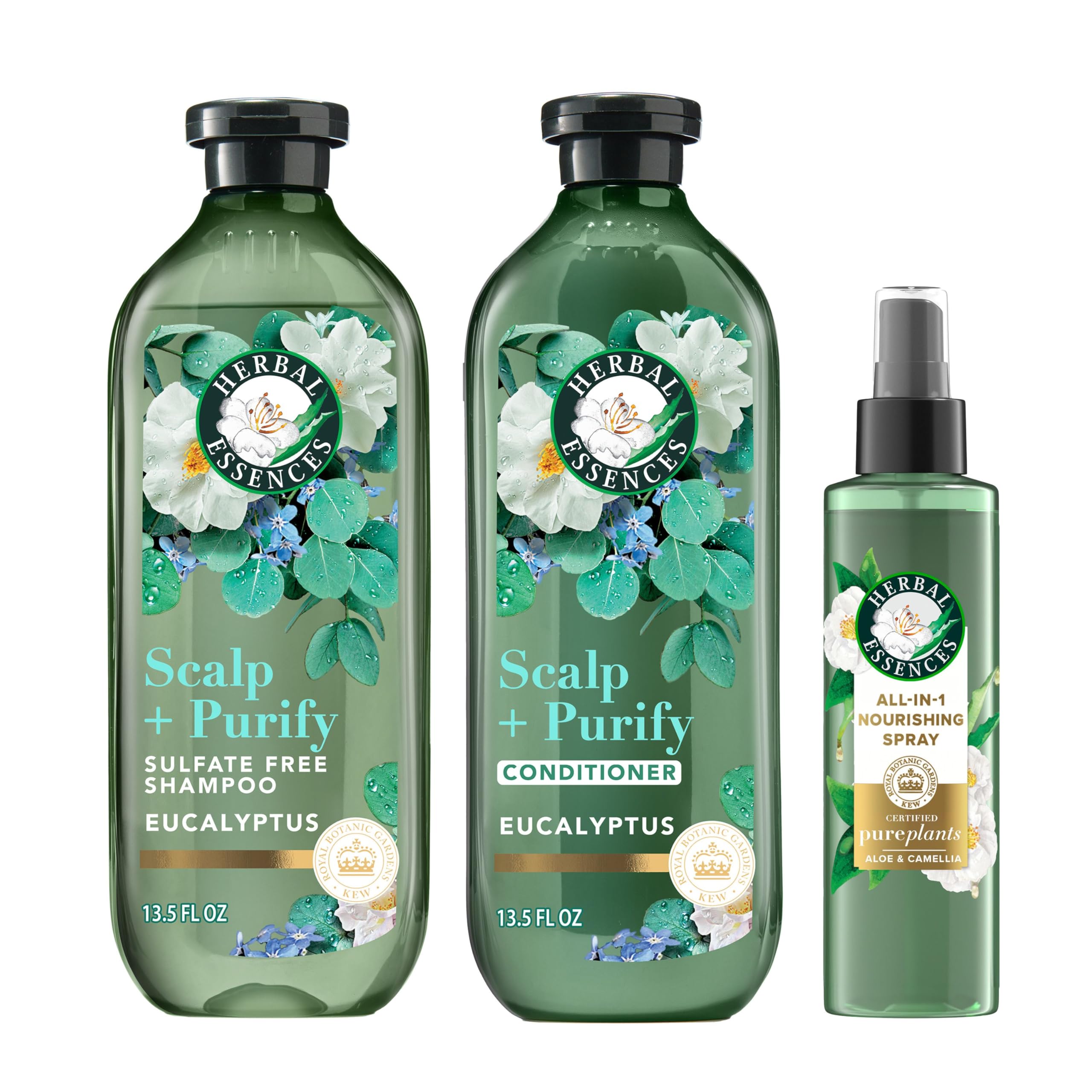 Herbal Essences Scalp + Purify Eucalyptus Sulfate Free Shampoo and Conditioner, and All-in-One Nourishing Spray Set 33.07 Fl Oz (Pack of 1)