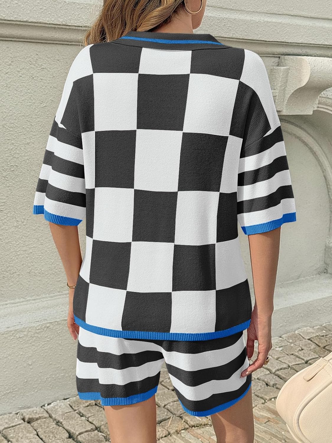 Aoysky Womens 2 Piece Outfits Sweater Sets Color Block Striped Half Sleeve V Neck Knit Tops Shorts Lounge Matching Set - Image 4