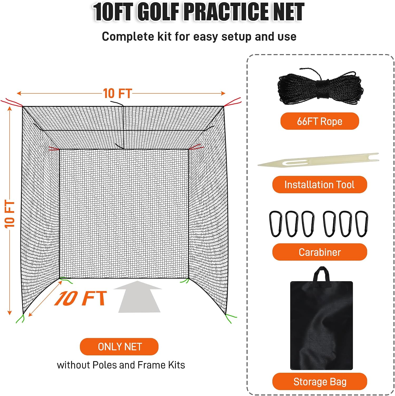 Baseball Batting Cage Nets, 10FT Baseball and Softball Batting Cage Netting for Backyard, Portable Hitting Practice Net with Carabiners & Carry Bag for Home Indoor Outdoor