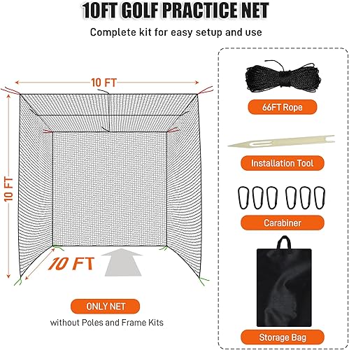 Miniatura 5 de Red de jaula de bateo de golf, béisbol, 10 x 10 x 10 pies con cuerdas superiores para patio trasero, fácil de incorporar béisbol, sóftbol, barrera,