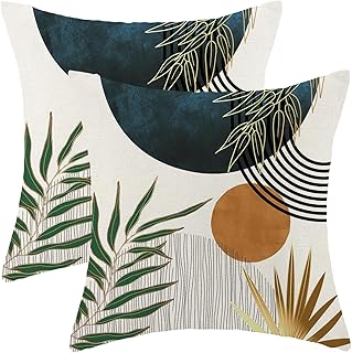 Boho Pillow Covers 18x18 Set of 2 Green Gold Navy Blue Throw Pillow Covers Outdoor Decoration Mid Century Bohemian Style Tropical Leaf Pillowcase Farmhouse Decorative Cushion Case For Home Sofa