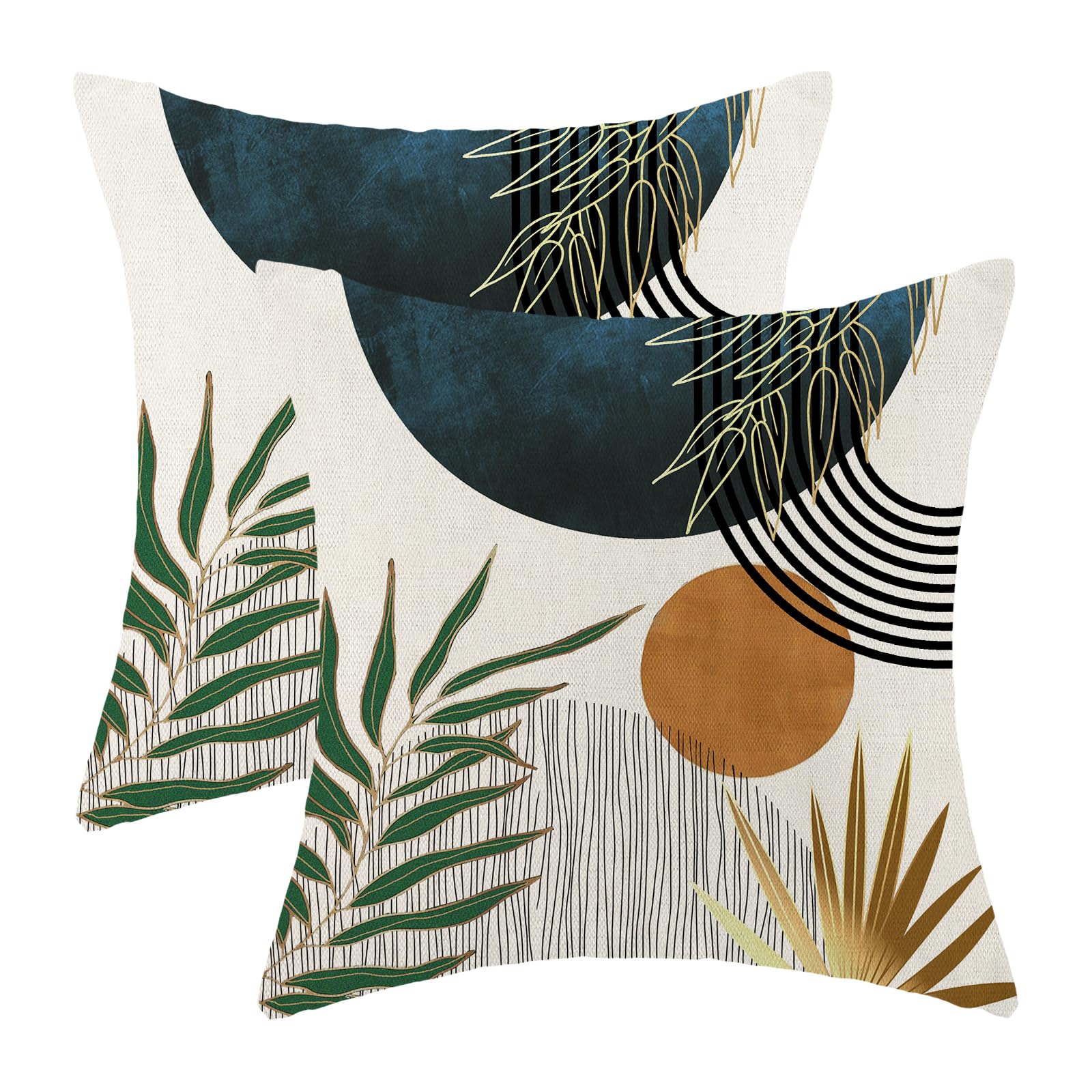 Boho Pillow Covers 20x20 Set of 2 Green Gold Navy Blue Throw Pillow Cover Mid Century Bohemian Style Tropical Leaf Pillowcase Farmhouse Decorative