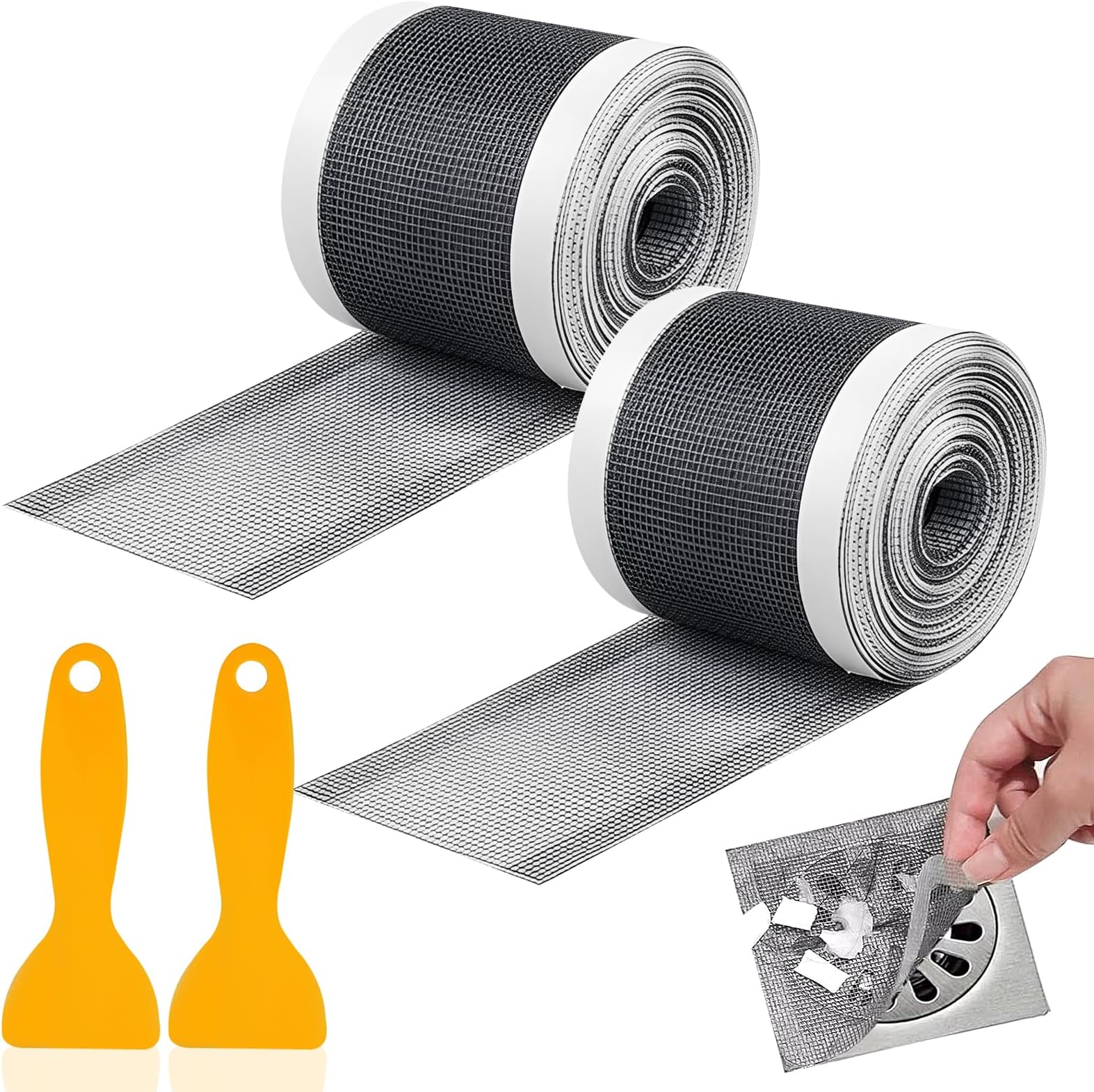 2PCS Drain Hair Catcher, 10cmx10m Mesh Hair Catcher Shower with Scraper Self Adhesive Floor Drain Filter Hair Mesh Rectangular Filter Sink Strainer for Bathroom Kitchen