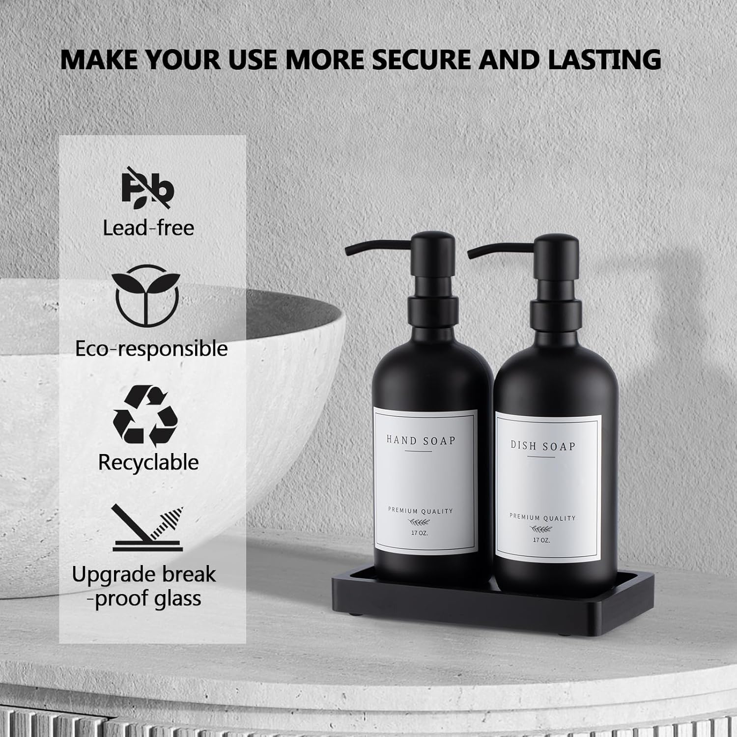 Black Thick Glass Soap Dispenser - Farmhouse Kitchen Dish &Hand Soap Dispenser Set, 304 Rustproof Pump Lotion Dispenser Bathroom with Tray, 14 Waterproof Stickers for Kitchen Decor Sink - Image 3