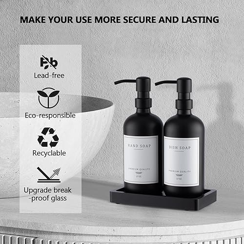Miniatura 3 de Dispensador de jabón de vidrio grueso negro  Juego de dispensador de jabón para platos de cocina y manos, dispensador de loción a prueba de óxido