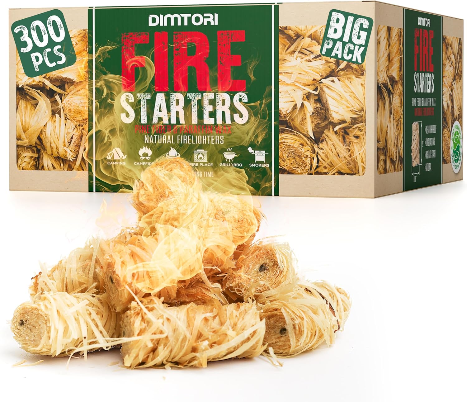 300 pcs Fire Starter - Natural Fire Starters for Campfires, Fire Pit, Pizza Oven, Fireplace, Smoker, BBQ, Pellet Stove & Wood - Fire Starters for Grill, Charcoal Starter