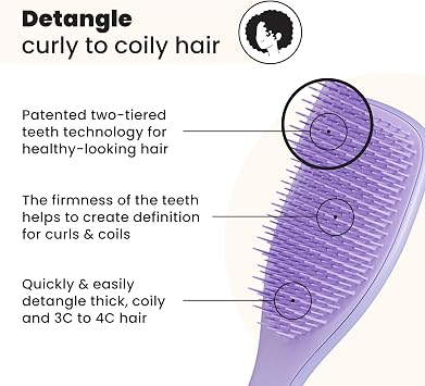 Tangle Teezer Naturally Curly Ultimate Detangler Hairbrush for 3C-4C Curly Coily Hair - Two-Tiered Teeth Define Curls & Reduce Frizz - Purple Passion