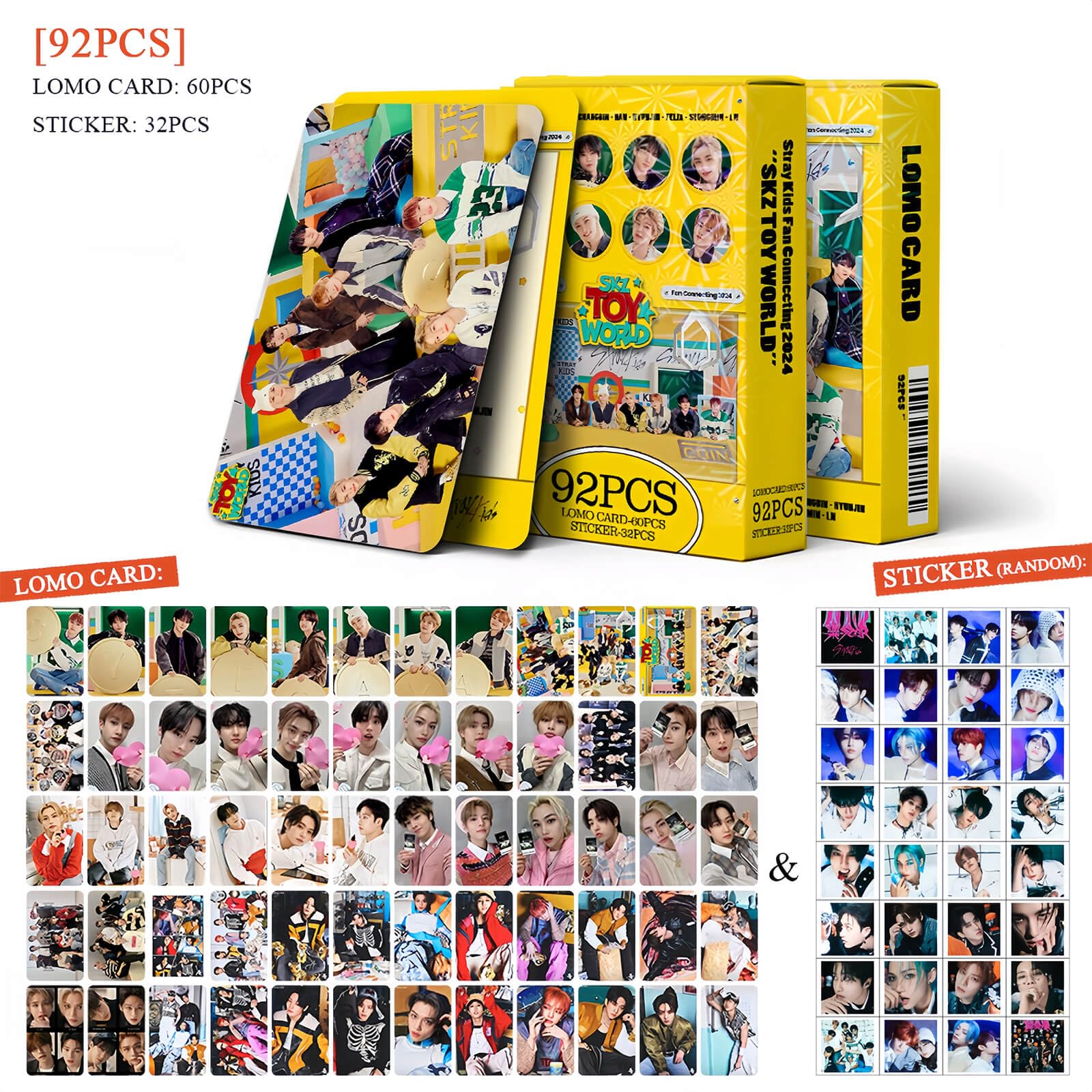 Stray Kids Photocards KPOP Stray Kids Fan Connecting 2024 TOY WORLD Album Photocards 92PCS Stray Kids Photocard Set Stray Kids Lomo Cards 60PCS Stray Kids Photocards + 32PCS Stray Kids Stickers