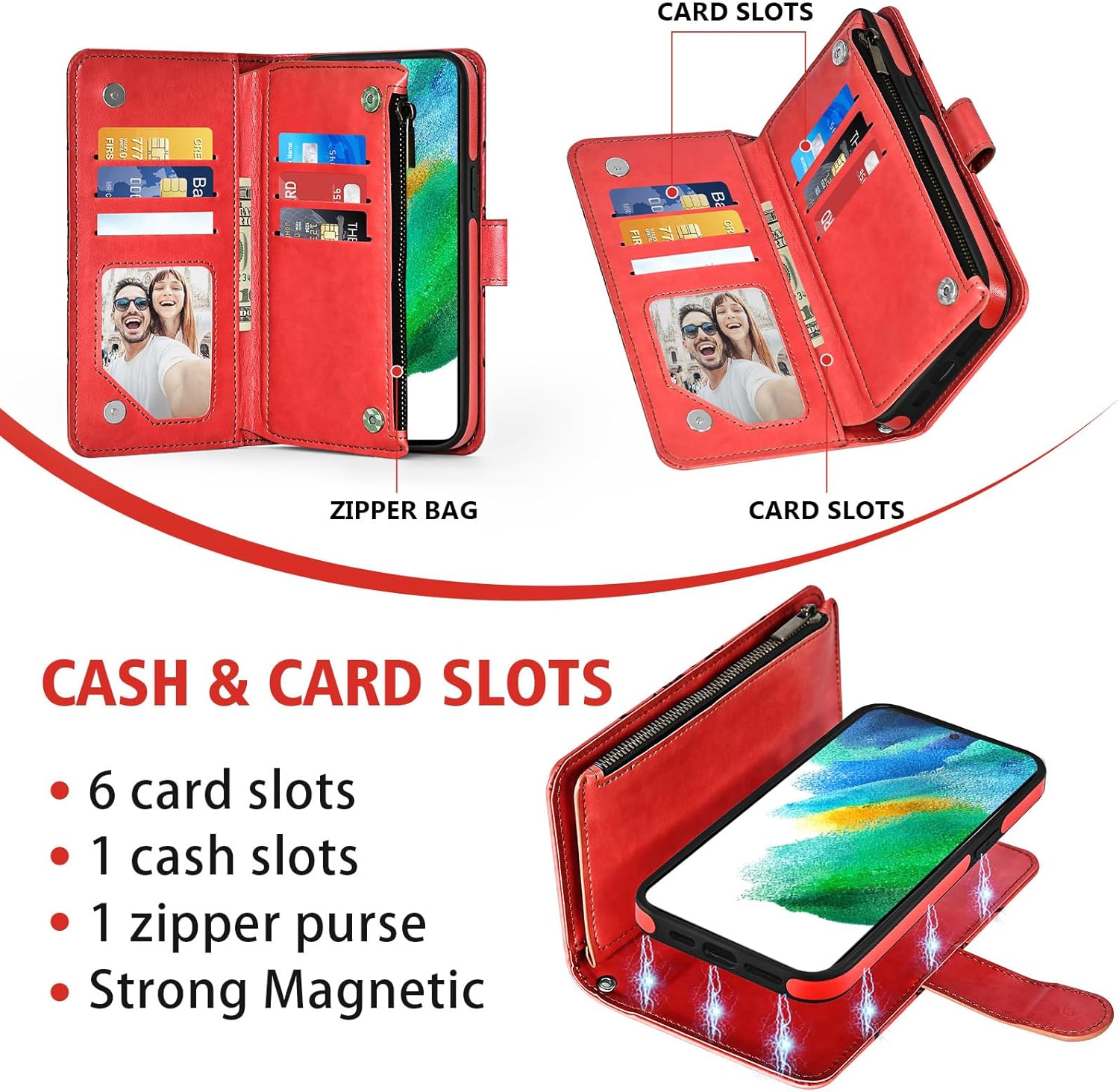 Phone Case for Samsung Galaxy S21 FE 5G Zipper Wallet Detachable Cell Cover with Screen Protector Crossbody Lanyard Strap Flower Card Holder S 21 EF S21FE5G UW S21FE 21S G5 6.4 inch Women Girls Red
