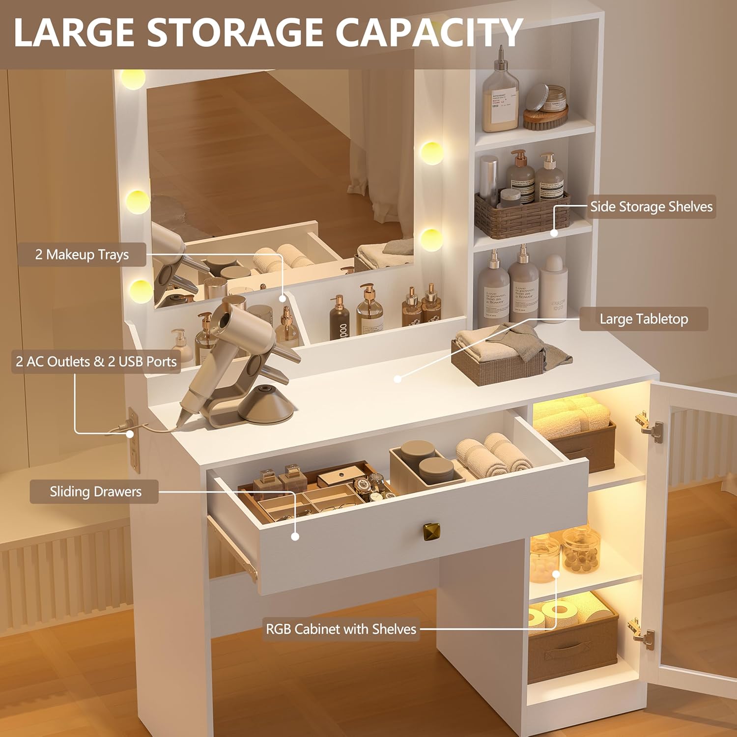 White Vanity Desk with Mirror and Lights, 34" LED Small Vanity Table with Power Outlet & Large Storage Drawers, 3 Color Adjustable Lights, Dressing Table for Bedroom & Apartment