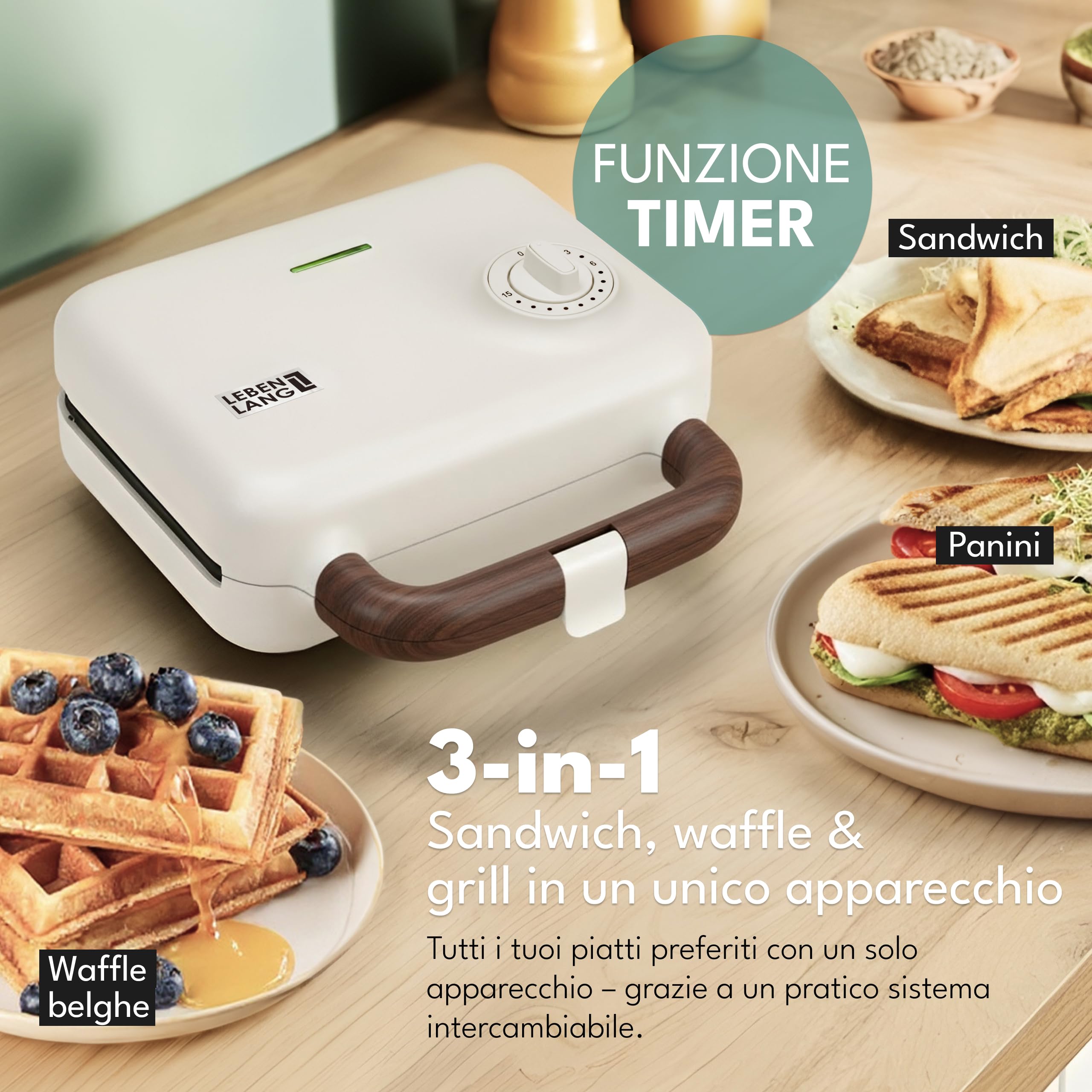 LEBENLANG Sandwich Maker 3 in 1-750 W Incl. 3 inserti per Grill, Sandwich & Waffle I Tostiera elettrica piastre 3 in 1 Piastra toast Toastiera Elettrica Waffle Maker Toaster Sandwich Griglia Toast
