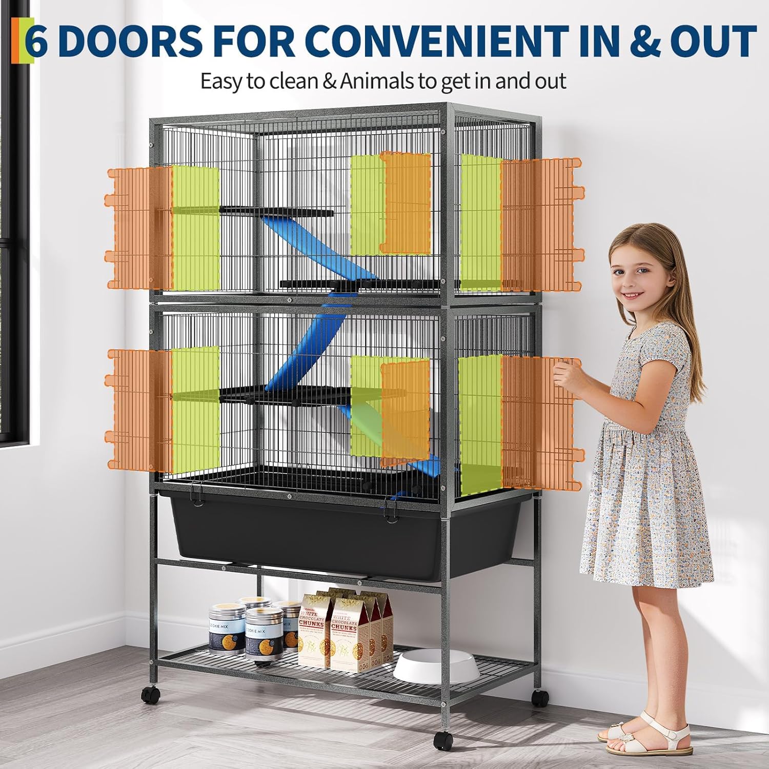 Garvee Ferret Cage, 59"h Large Ferret Nation Cage with 3 Removable Platforms, Slide-Out Deep Tray, Storage Shelf, Metal Small Animal Cages on Wheels for Sugar Glider, Guinea Pigs, Chinchillas, Rabbit