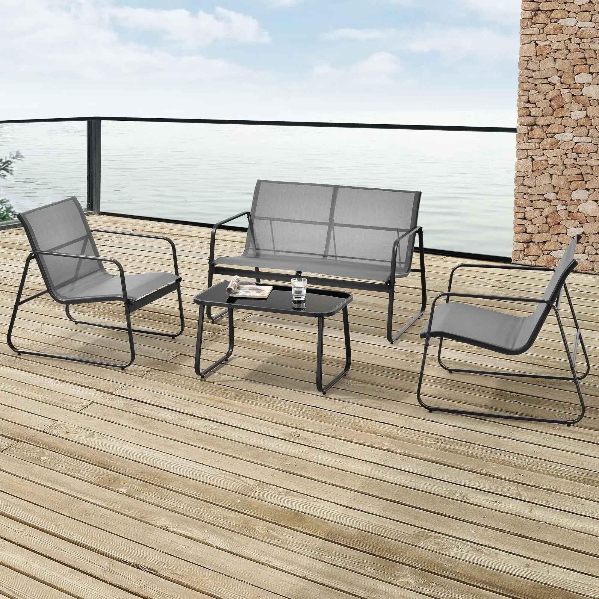 Megashopitalia Set Salotto da Giardino Con Divanetto 2 Poltrone Tavolino da Caffè Piano in Vetro