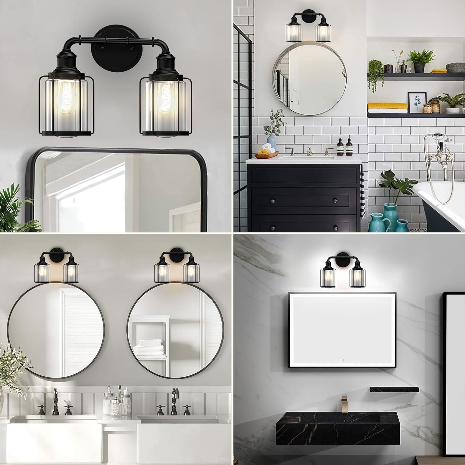 LEDMyplace 2-Lights Bathroom Vanity Light Over Mirror, Matte Black Wall Lights with Birdcage Shape, Clear Glass Shade E26 Base Decorative Wall Lamps for Living Room, Bedroom, Hallway, Kitchen