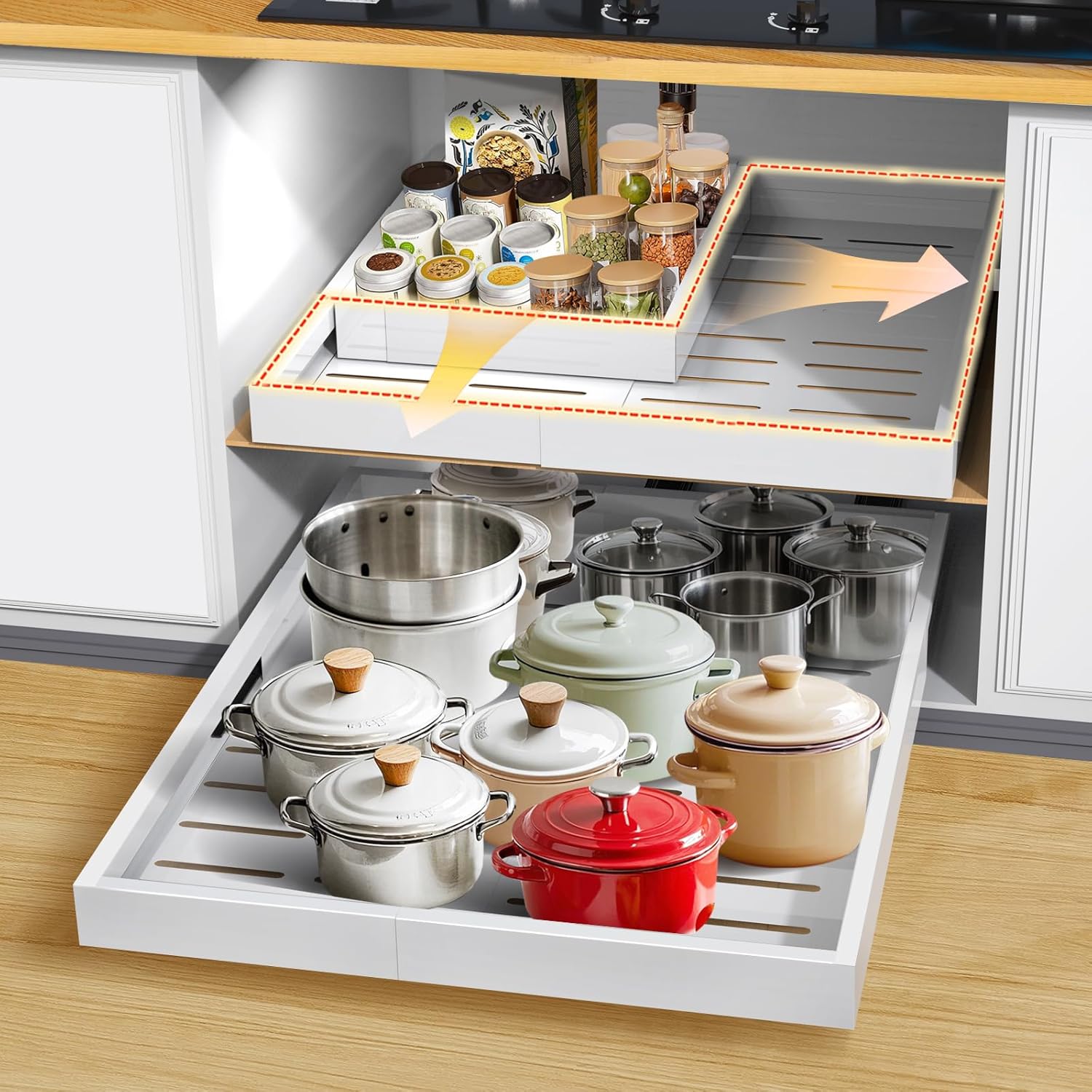 Airpro Expandable Pull out Cabinet Organizer,Width (12"-20") and Depth (17"-22") Upgrade 3 Slide Rails Slide Out Drawers, Fixed with Adhesive Nano, Roll out Shelf Storage for Kitchen,Pantry, White