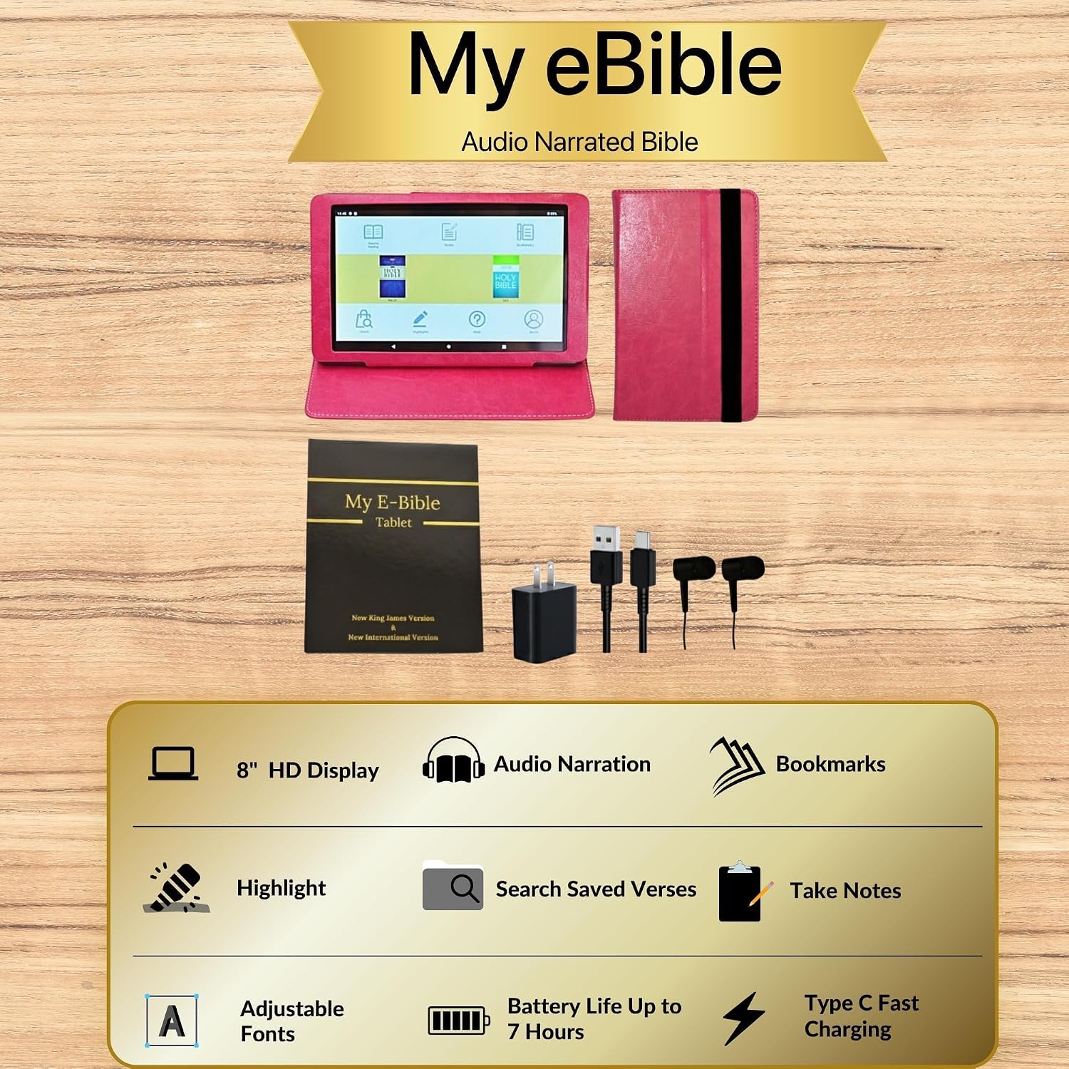 Preisgekrönter elektronischer Bibel-Hörbuch-Lautsprecher, 20,3 cm (8 Zoll) Bibel-E-Reader inklusive Kopfhörer, rosa Kunstledertasche mit Tasche, Hartschalen-Geschenkbox im Bibelstil im Lieferumfang