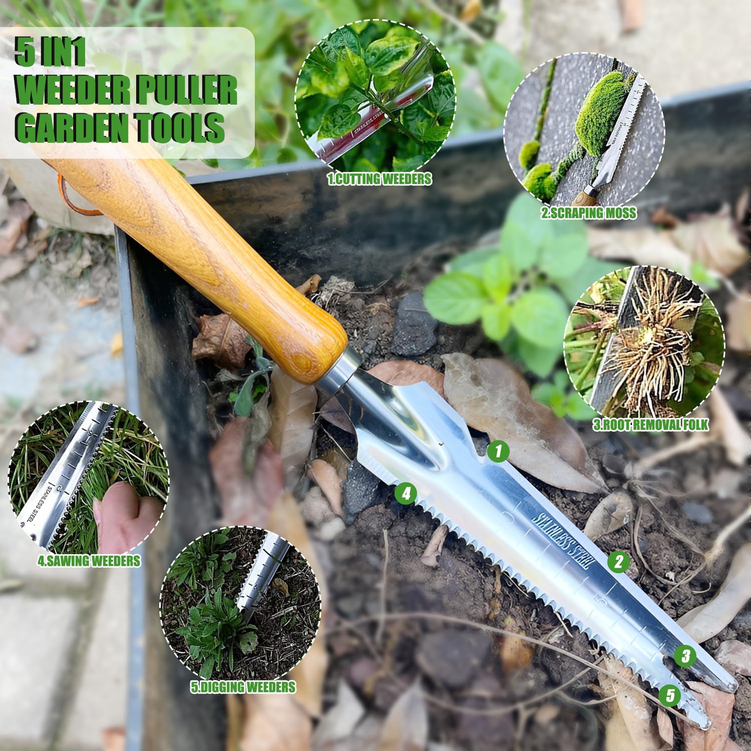 3 Pezzi Estirpatore Erbacce Manuale CTDMJ - In Acciaio Inox Con Manico Legno Per Giardinaggio - Foto 2