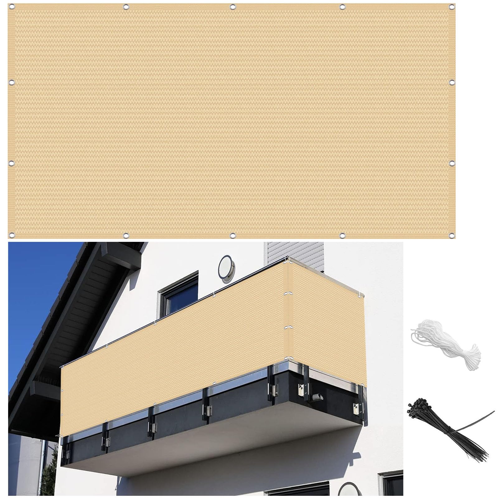 Brise Vue pour Balcon 90 x 270 cm Opaque, Respirabilité, Résistant Au Vent Brise-Vue pour Balcon Jardin avec Oeillets, Attaches de Câble et Cordons, pour Jardin, Jaune Sable