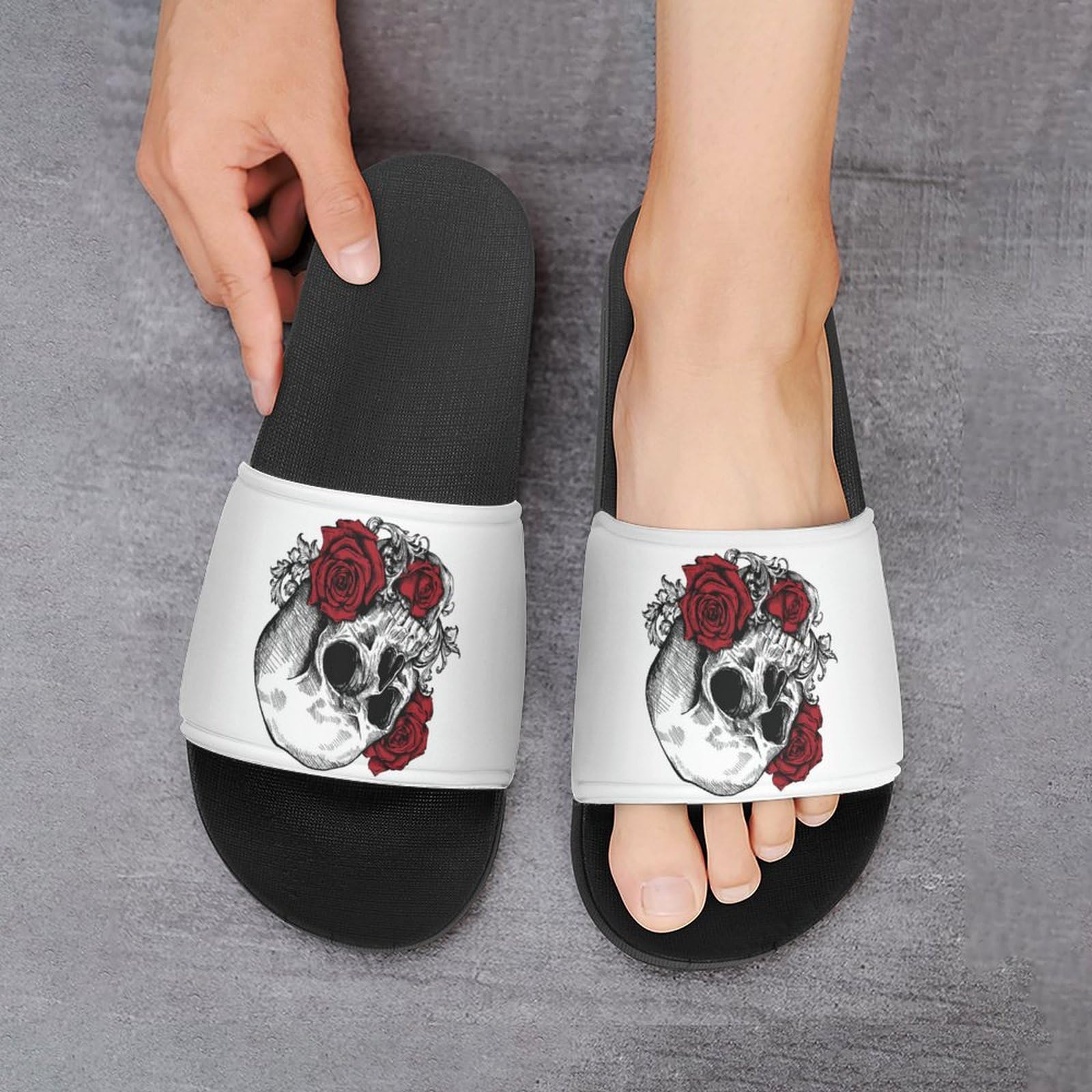 Ciabatte da doccia con teschio con rose, per uomo e donna, antiscivolo