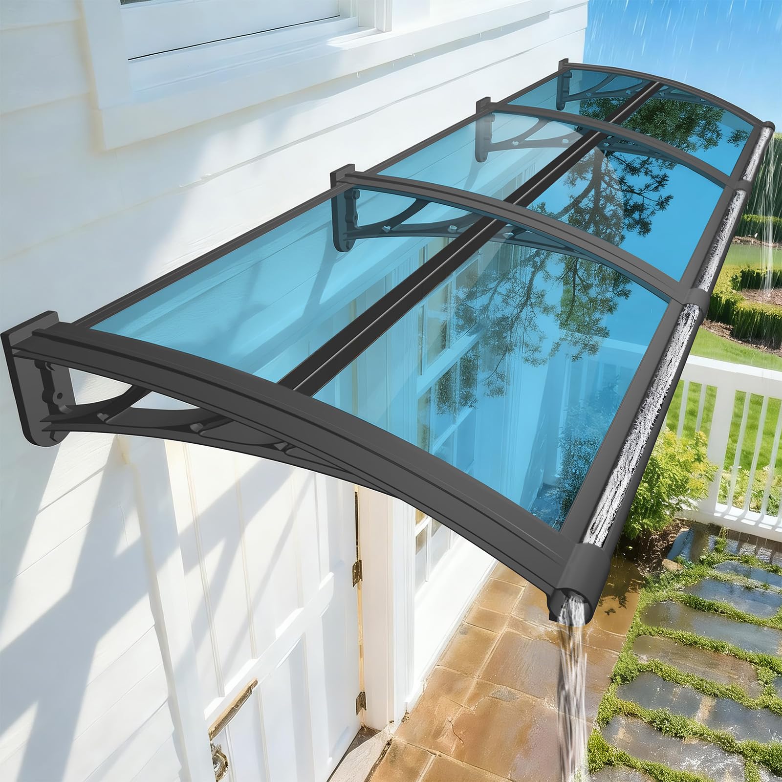 LWJSOCP 31"x118" Blue Transparent Polycarbonate Door Canopy Aw for Patio & Entrance Rain Protection Outdoor Overhang for Front Doors