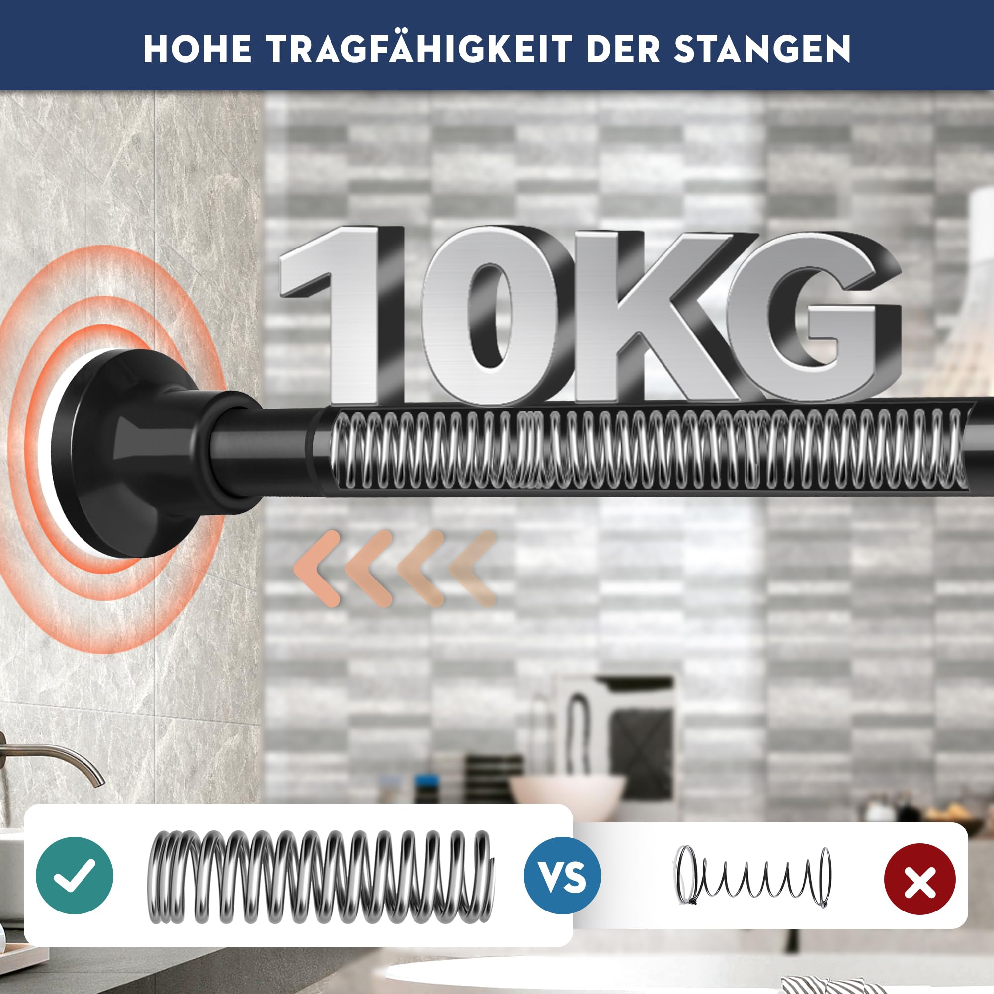 Duschvorhangstange Verstellbar (86–203cm) – Schwarz, Rostfrei, Ohne Bohren, Mit Federspannung