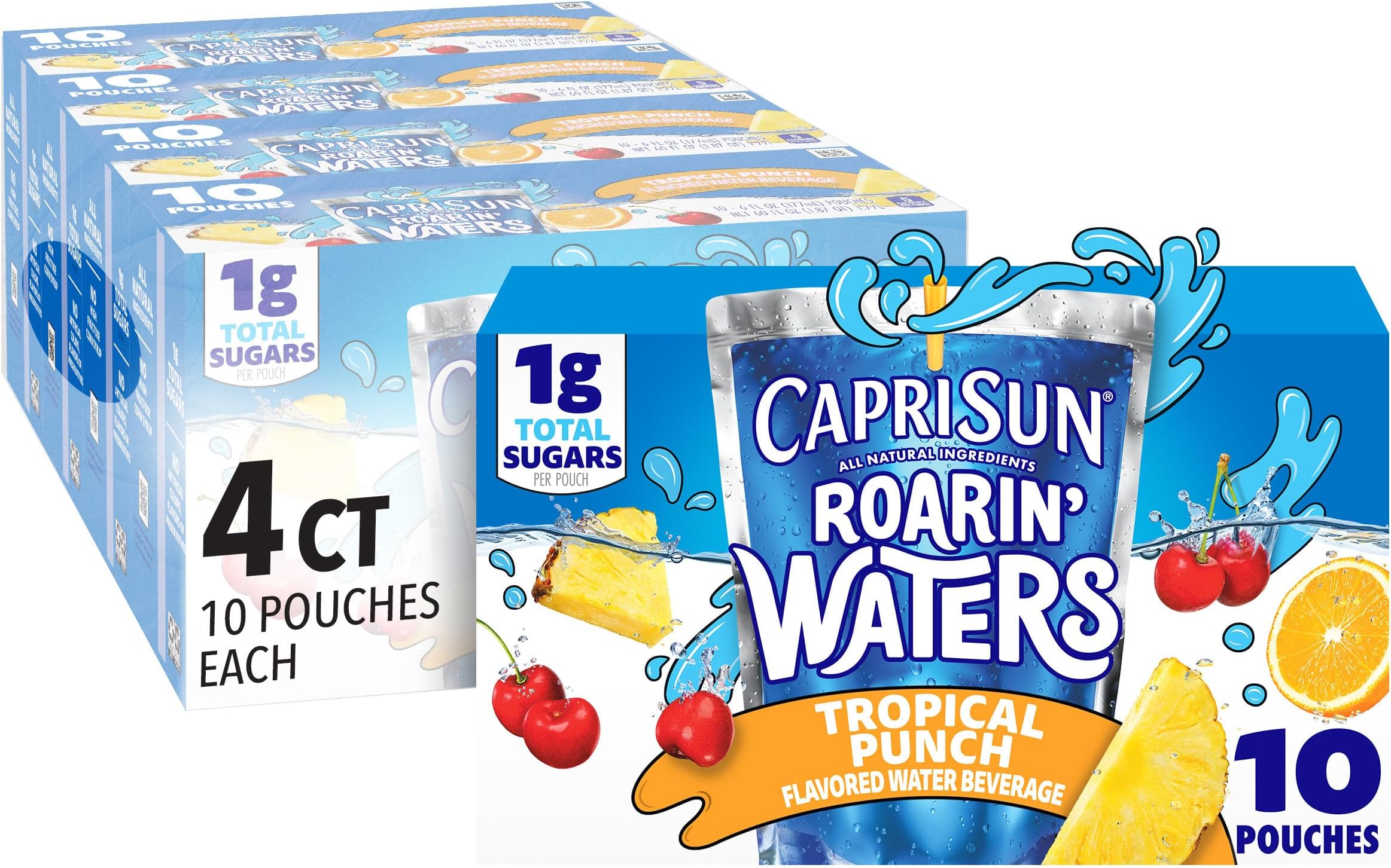 Capri Sun Roarin' Waters Tropical Punch Flavored with other natural flavor Water Beverage, 40 ct Pack, 4 Boxes of 10 Drink Pouches