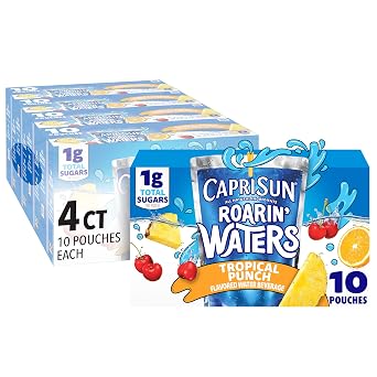 Capri Sun Roarin Waters Tropical Punch Flavored with other natural flavor Water Beverage, 40 ct Pack, 4 Boxes of 10 Drink Pouches