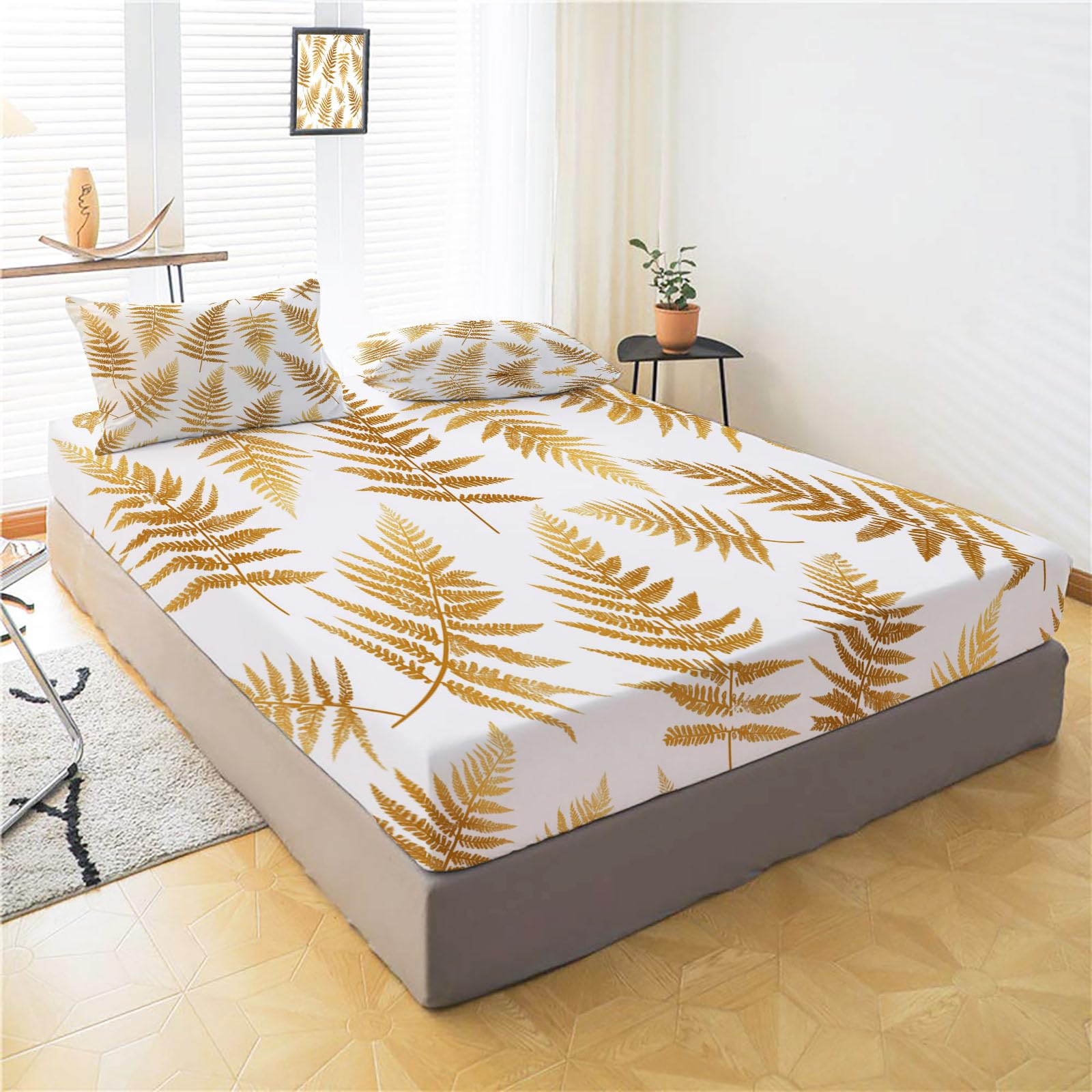 Sábanas 200X190/200Cm - Juego De Sábanas 3 Piezas Estampadas Helecho Metálico - Microfibra Suave Transpirable - Sábana Bajera Ajustable - Ropa De Cama Plantas Minimalistas (Beige)