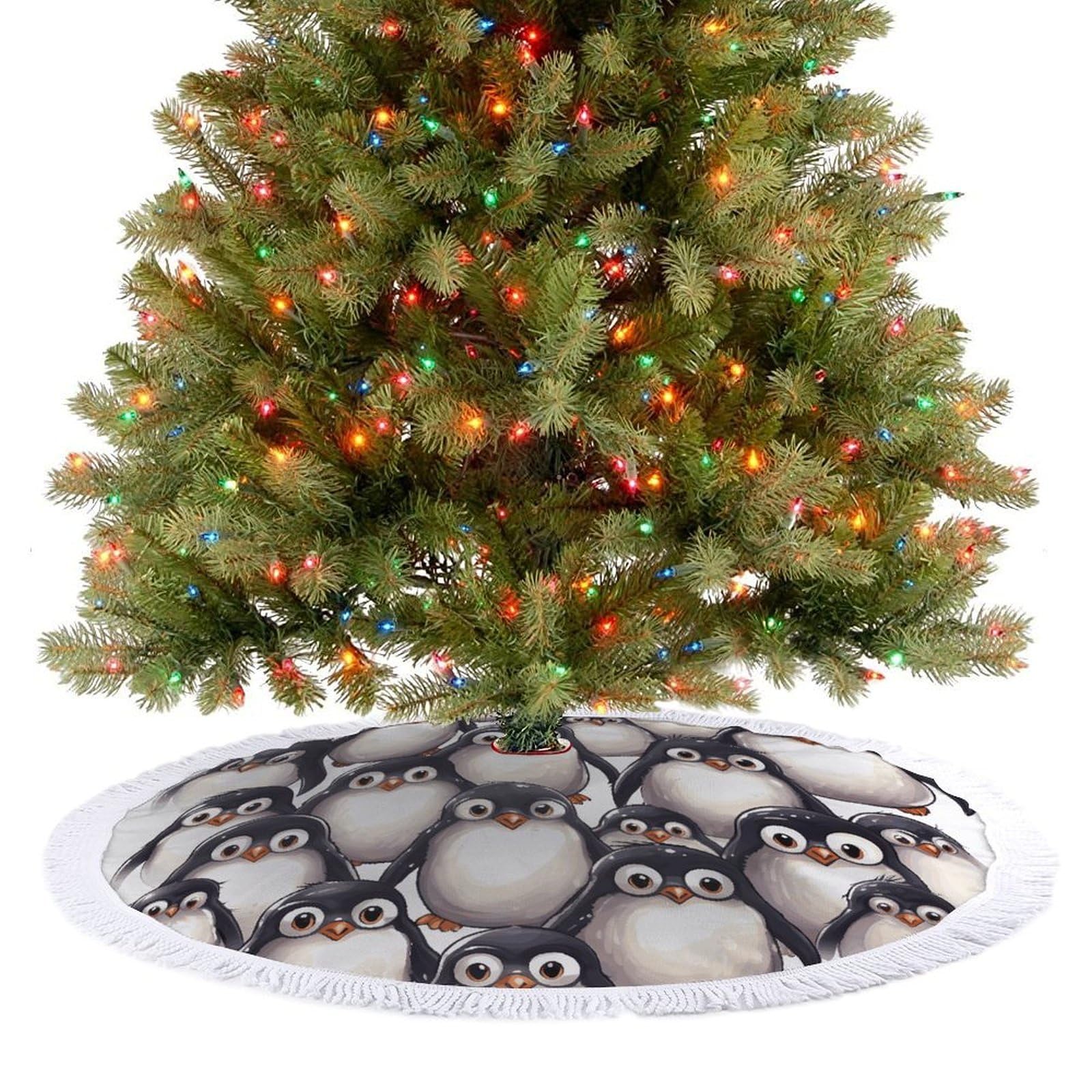Cute Baby Penguins Sketch Christmas Tree Skirt 36"x36" Rustic Xmas Tree Mat with Tassel Ornament Christmas Trees Cover Skirt Mat for Evergreen Trees Ornament Winter Holiday Mats Decorations