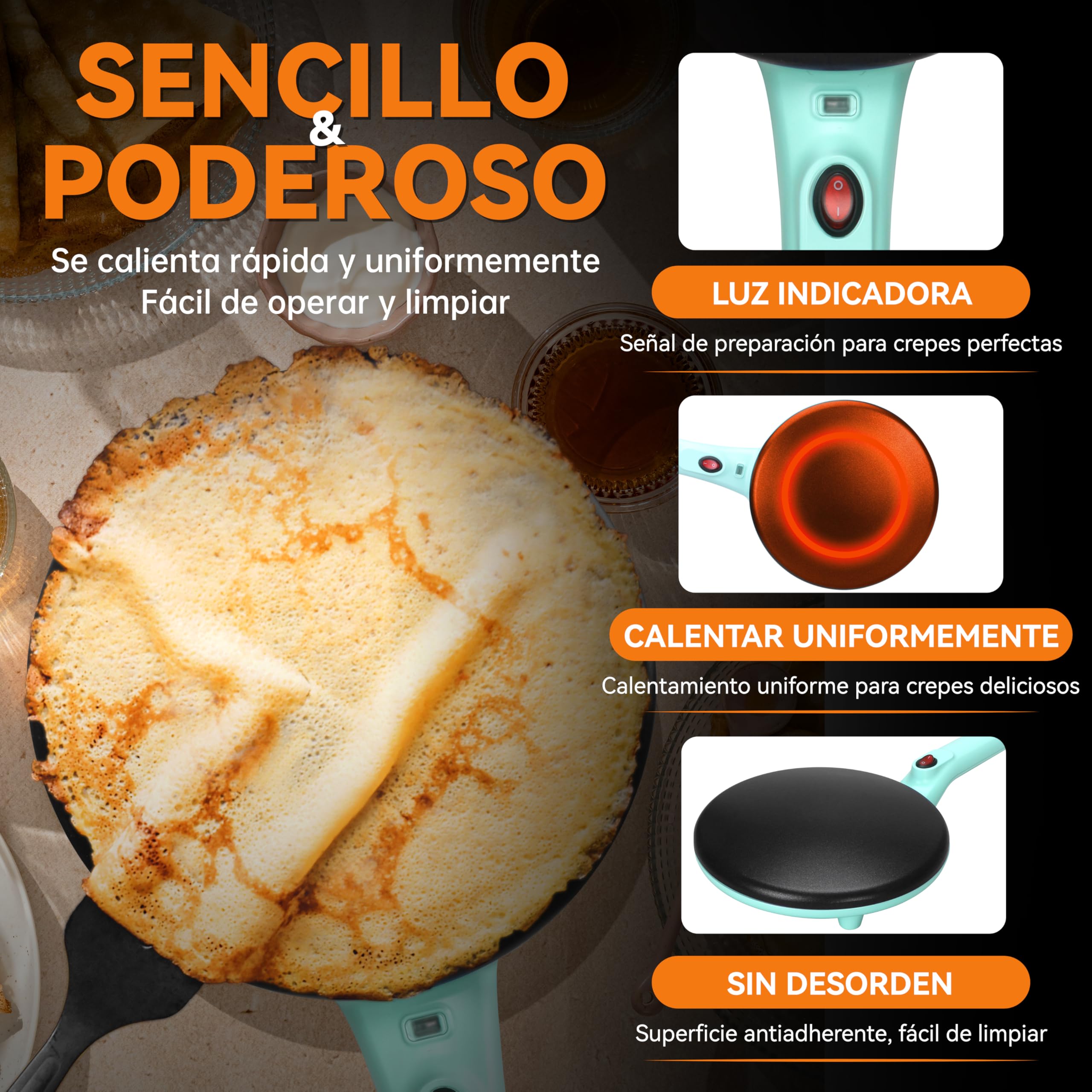 Baker's Friend Fabricante Instantáneo de Crêpes con Mango, Máquina de Crêpes Eléctrica, Crêperia Eléctrica, Superficie Calentada de 20 cm de Diámetro, Aqua