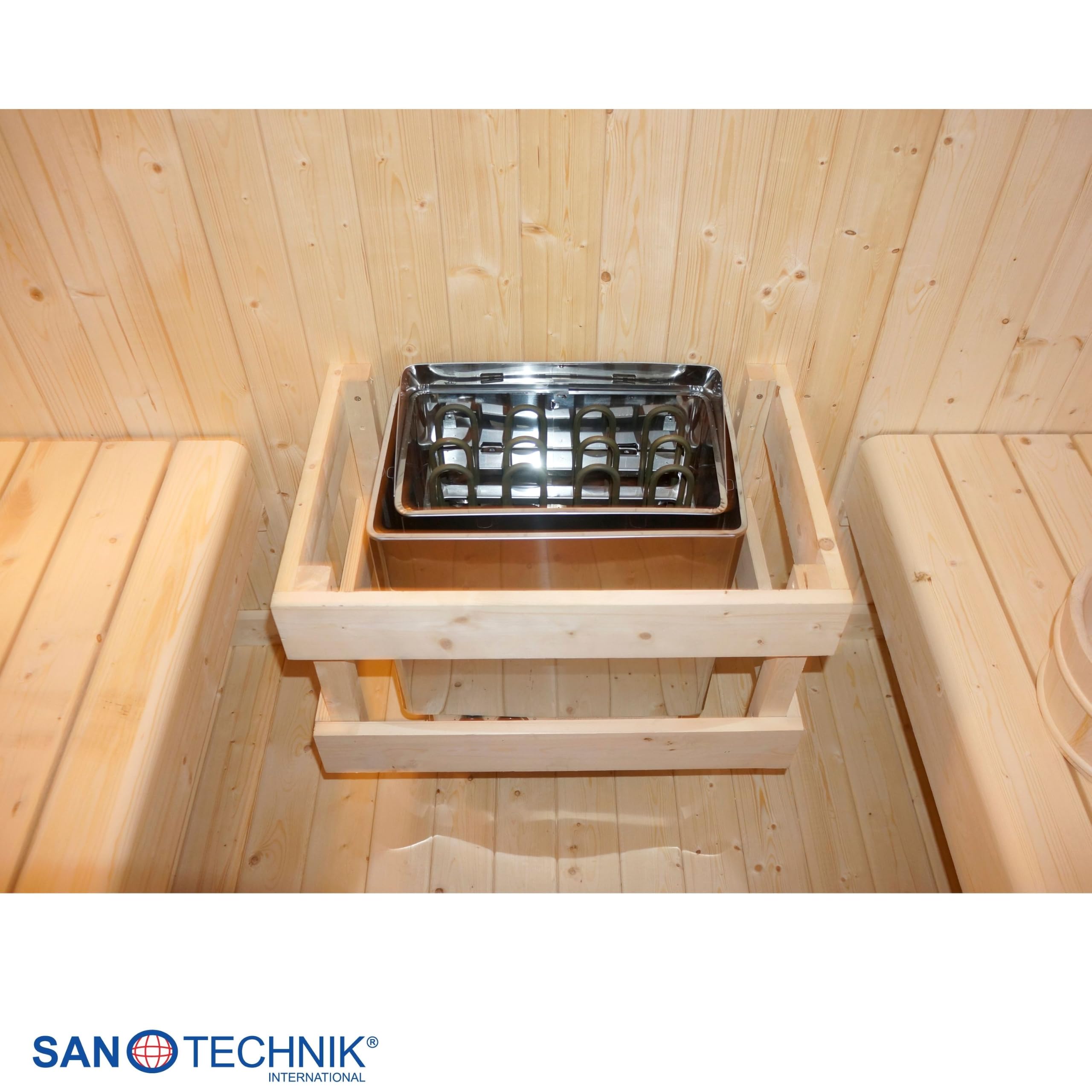 SANOTECHNIK Außensauna Island XL für 4 Personen Fichte Naturbelassen 220 x 189 x 200 cm mit 6 mm Sicherheitsglas-Tür und 3,8 cm Wandstärke