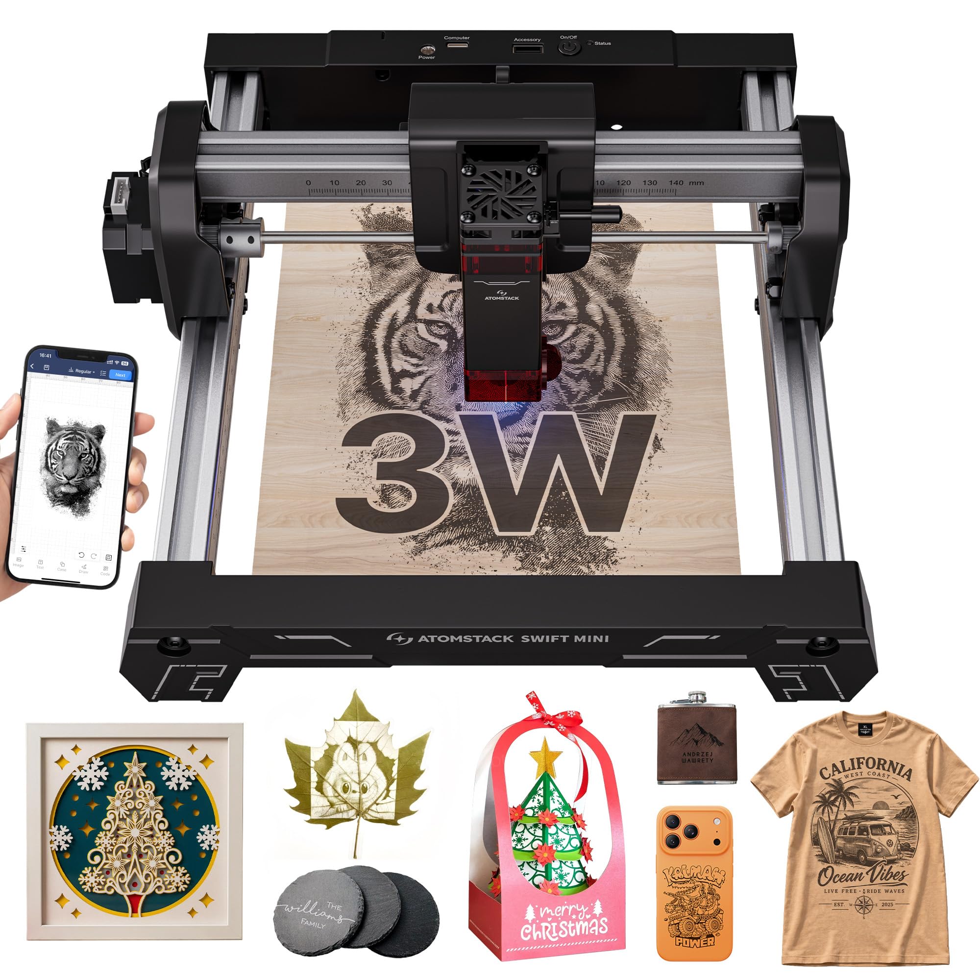 ATOMSTACK SWIFT MINI 3W Laser Graviermaschine Einsteigermodell Vollständig Vorinstalliert DIY Lasergravierer Gravurfläche 134*145 mm 0,04 mm Präzision für Holz,Kunsthandwerk,Geschenke,Karten 3000 mW