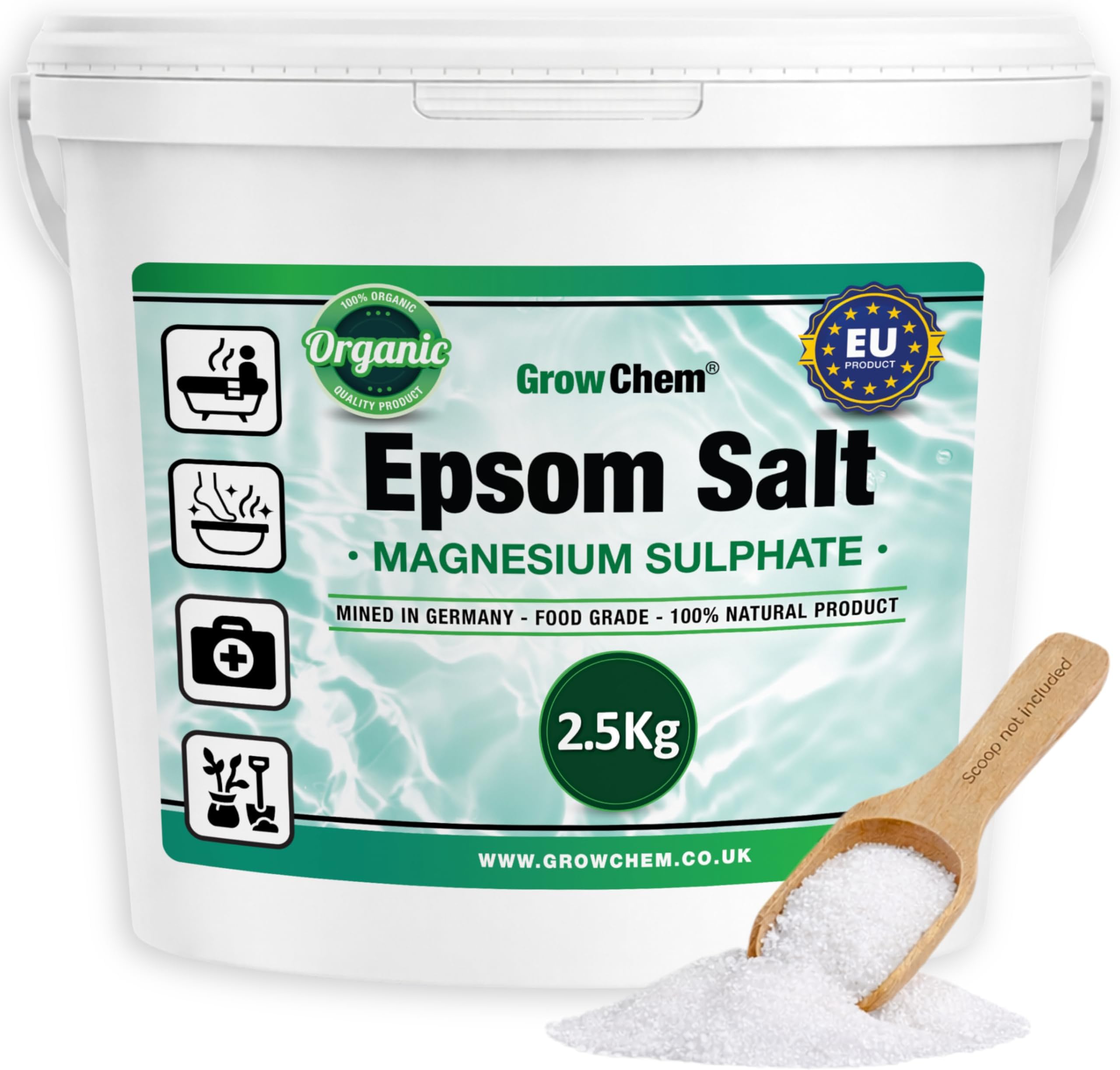 Natural Epsom Salts (2.5KG Bucket) –Pure Food Grade Magnesium Sulphate Mineral, 100% Natural Salts Mined in Germany - for Health, Detoxification, Muscle Relief, Exfoliating & Gardening