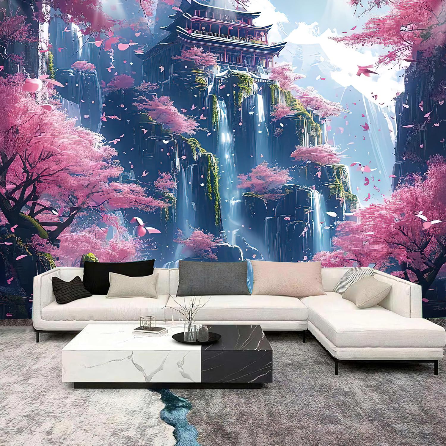 FENDROM Japanese Aesthetic Pink Cherry Blossom Tree Tapestry Building on Mountains Waterfall River Fairytale World Asian Art Wall Hanging Tapestry for Bedroom Living Room