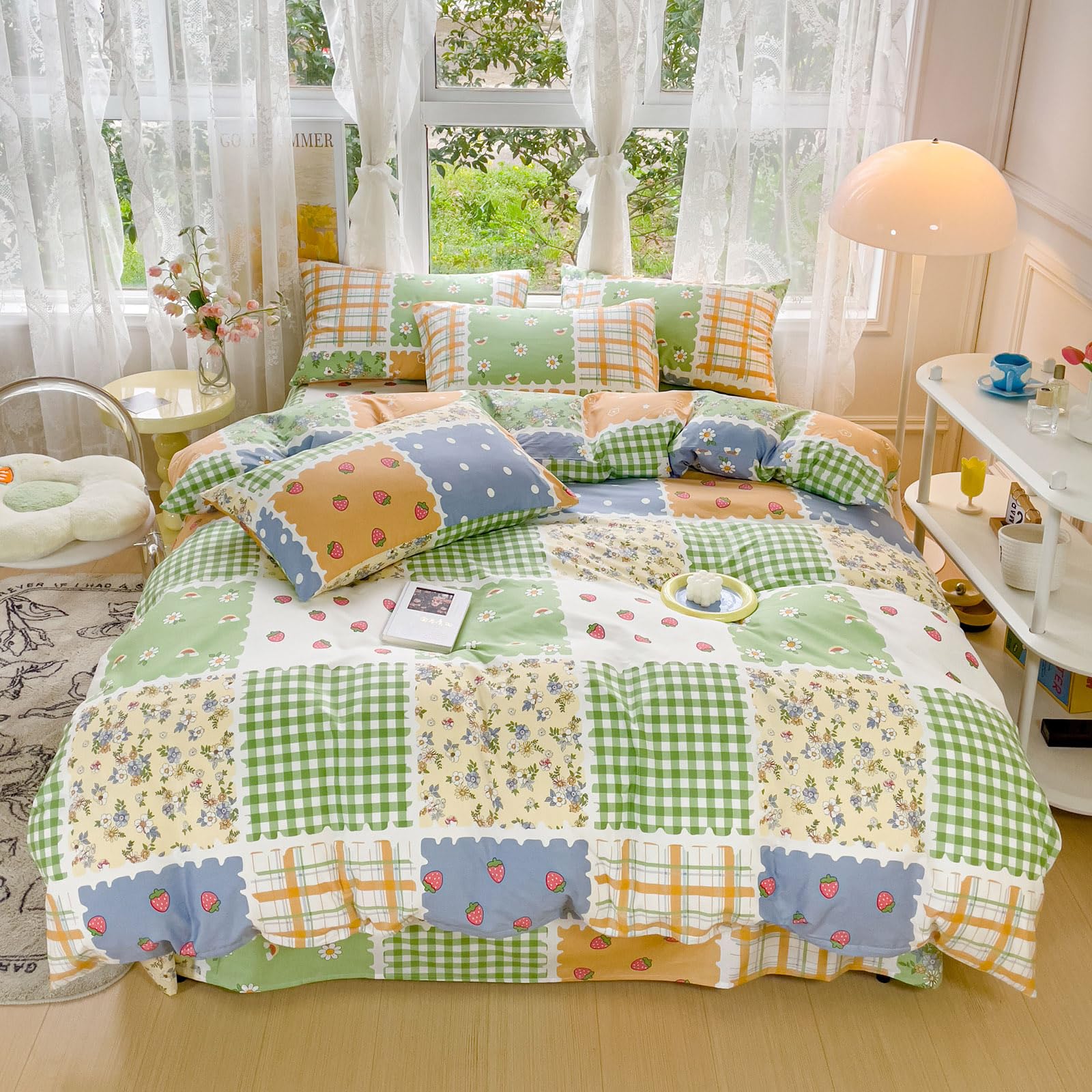 AOJIMPlaid Duvet Cover Set with Colorful Floral and Strawberry Pattern, 1 Pure Cotton Comforter Cover and 2 Pillowcases, Soft Lightweight Bed Set Twin Size, Quilt Cover for Room Decor (No Comforter)
