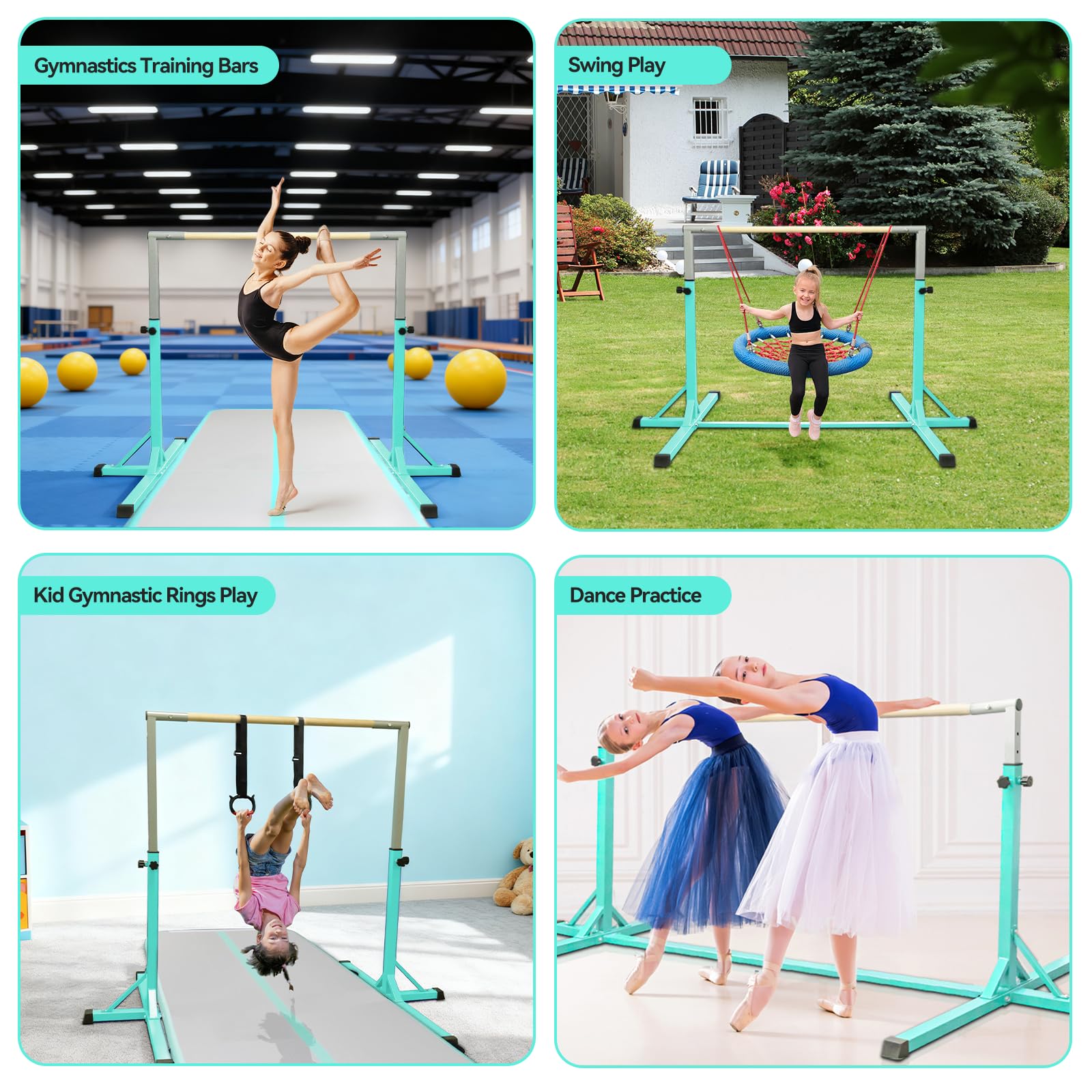 FBSPORT Barra de Gimnasia para Niños Altura Ajustable 13 Niveles con Anillos Expandible Verde